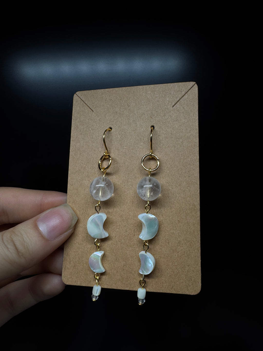 Mother of pearl carved moon earrings - with clear quartz