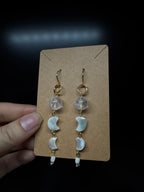 Mother of pearl carved moon earrings - with clear quartz