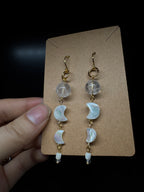 Mother of pearl carved moon earrings - with clear quartz