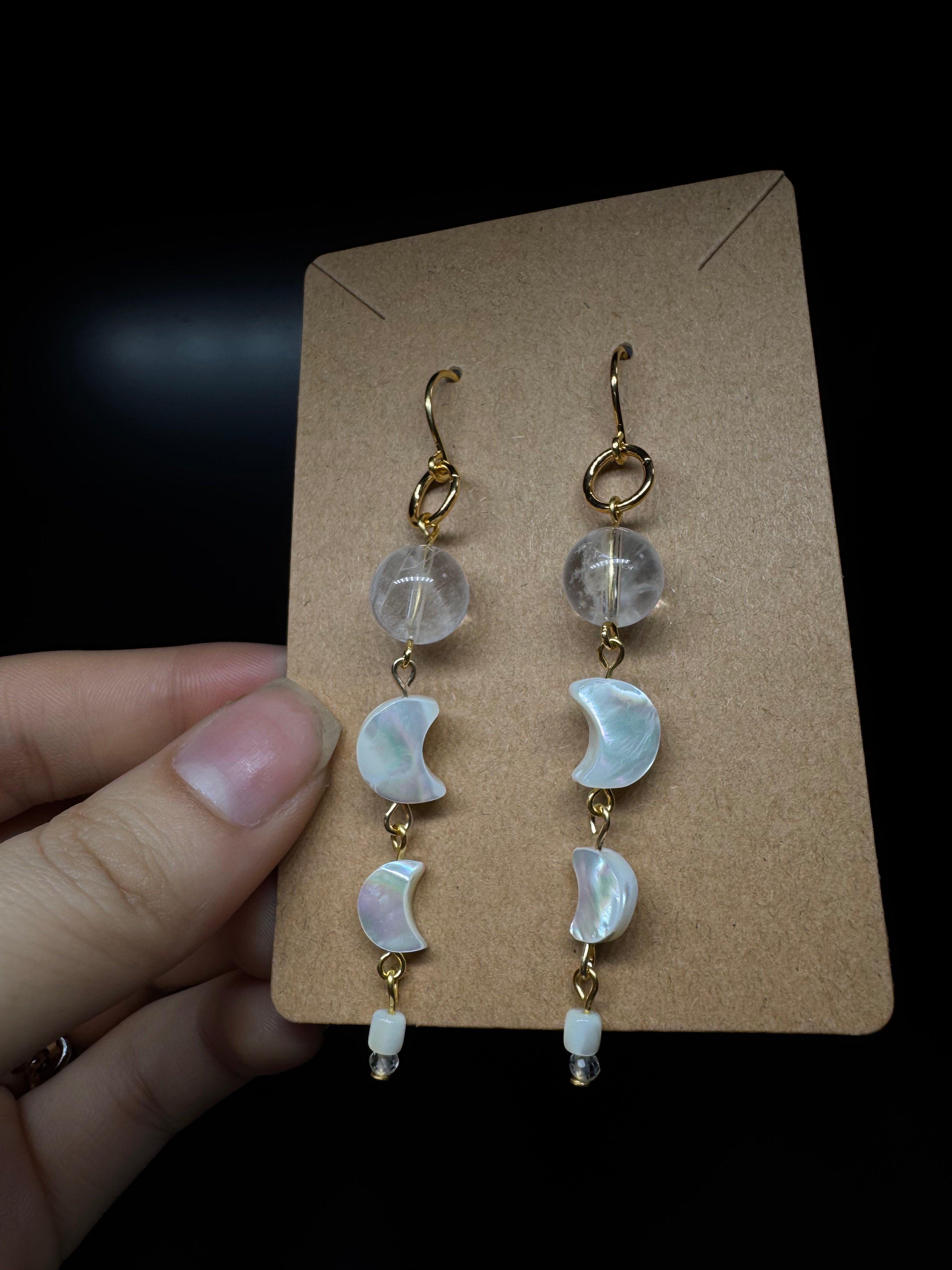 Mother of pearl carved moon earrings - with clear quartz
