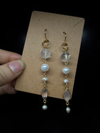 Rose quartz faceted eye earrings - with pearls and clear quartz