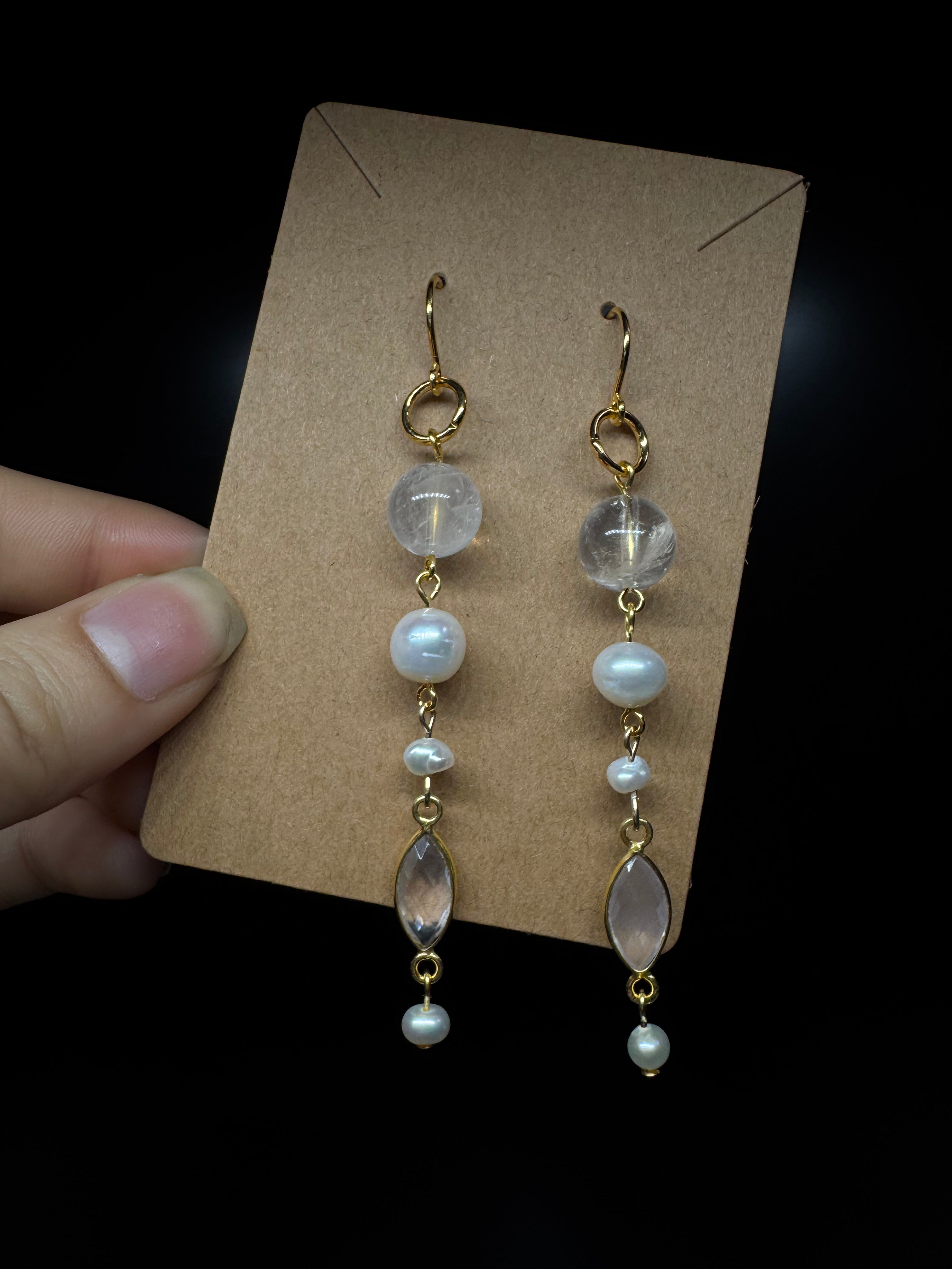 Rose quartz faceted eye earrings - with pearls and clear quartz