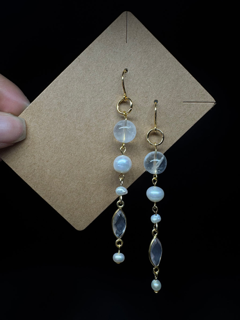 Rose quartz faceted eye earrings - with pearls and clear quartz