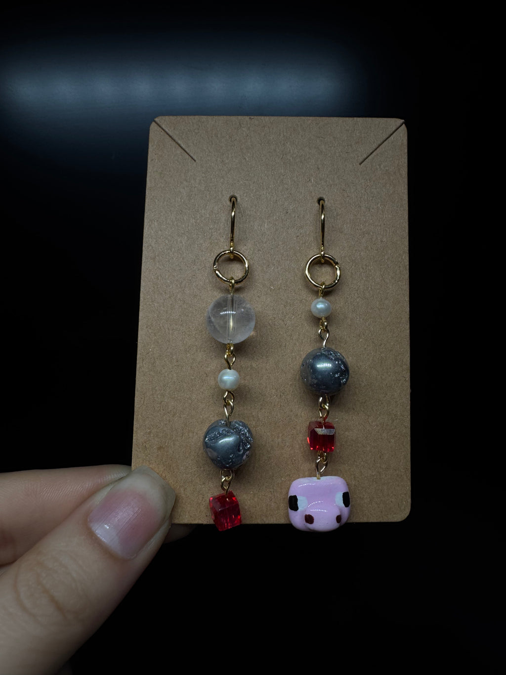 derpy Minecraft pig earrings - with pyrite, clear quartz and pearls