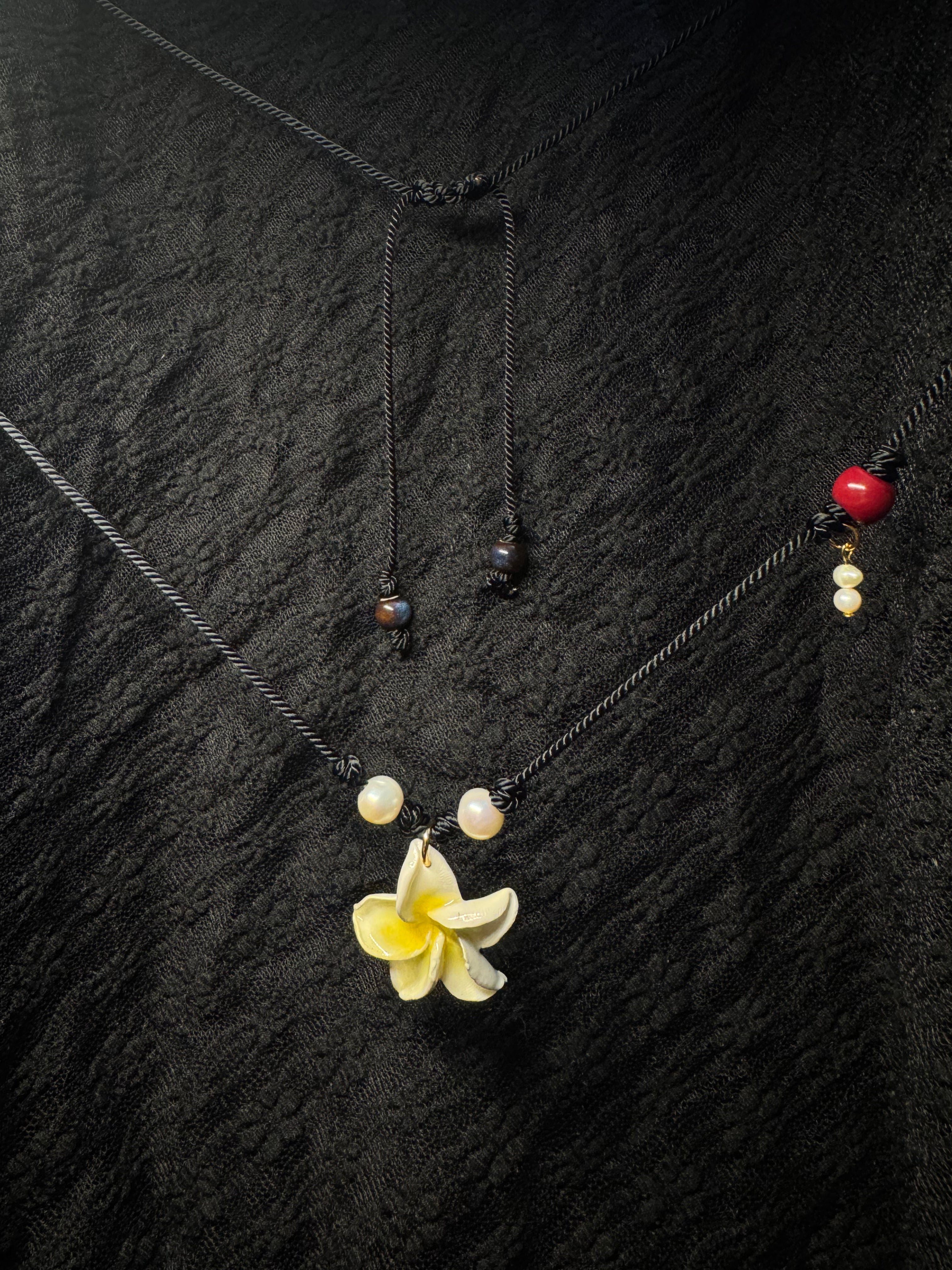Plumeria handmade pendant necklace - with pearls and ceramic beads