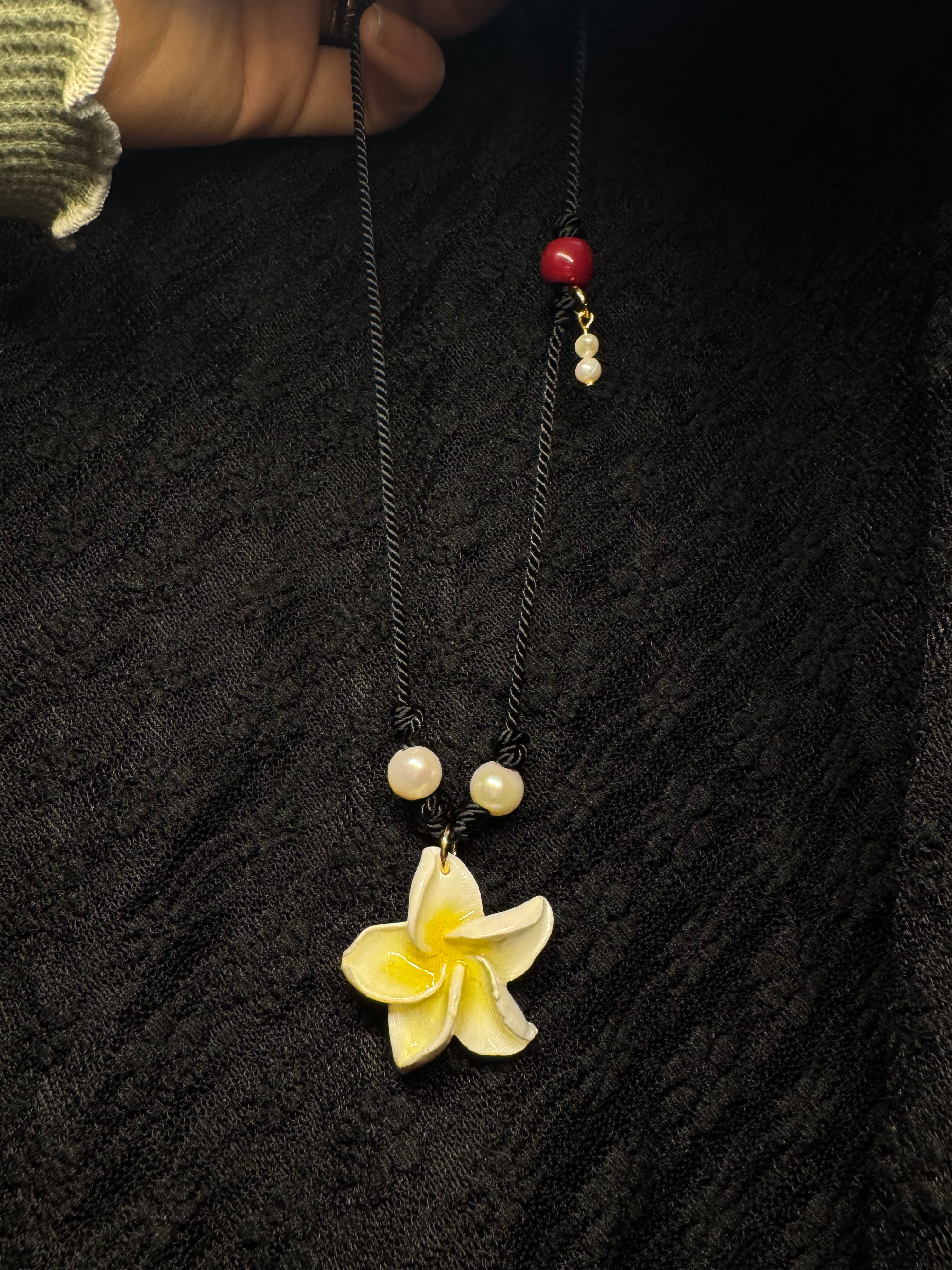 Plumeria handmade pendant necklace - with pearls and ceramic beads