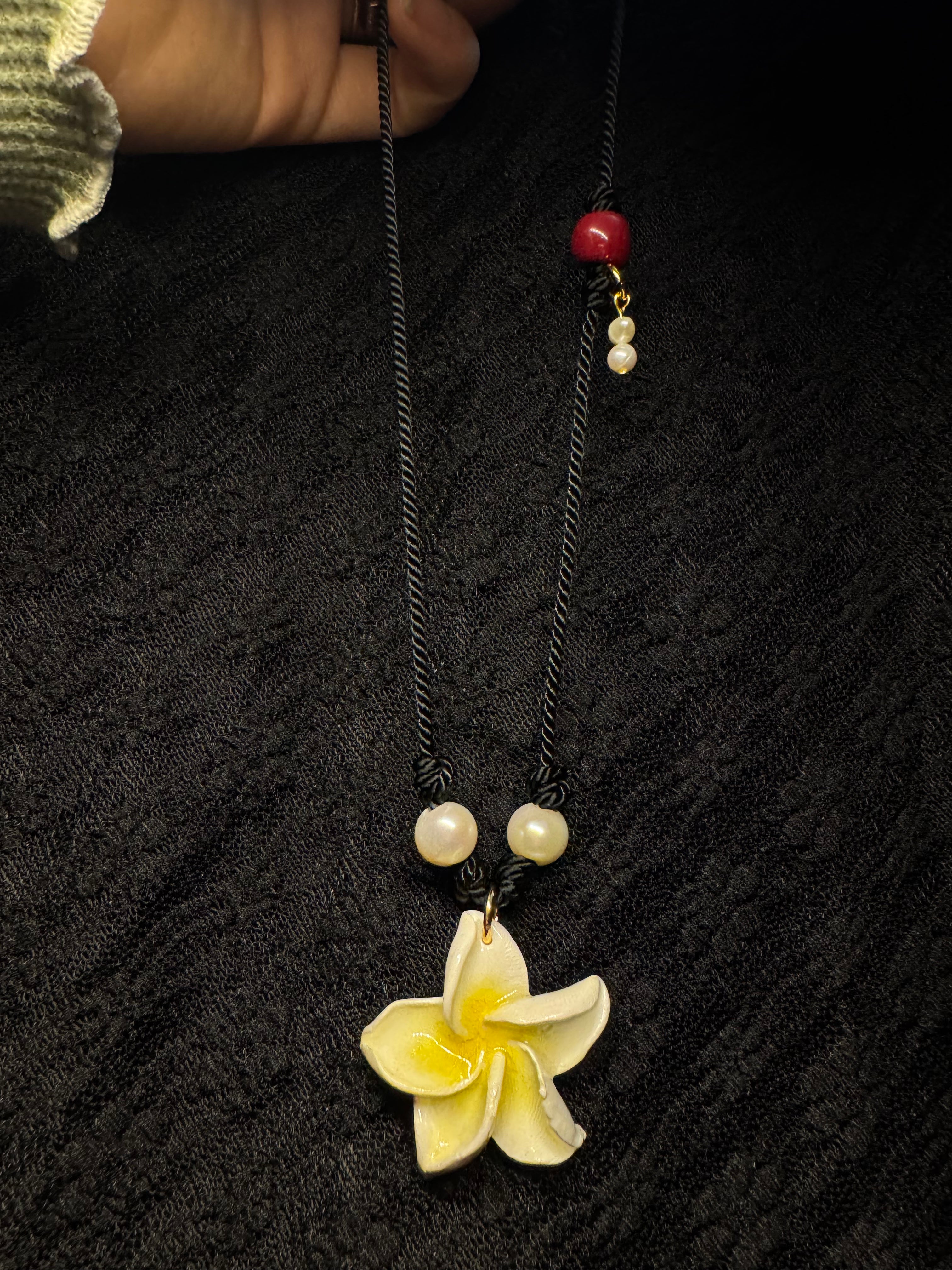 Plumeria handmade pendant necklace - with pearls and ceramic beads