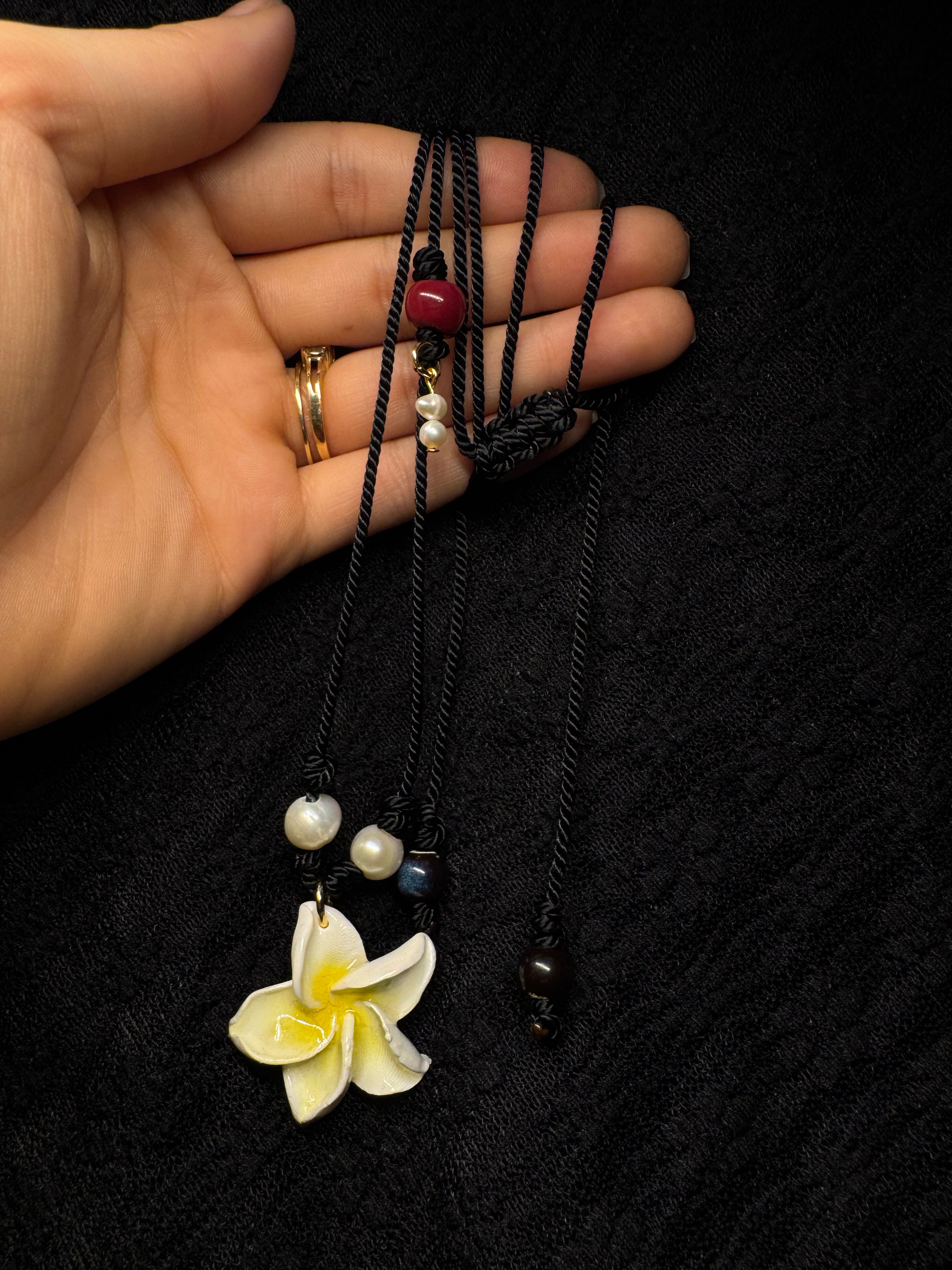 Plumeria handmade pendant necklace - with pearls and ceramic beads
