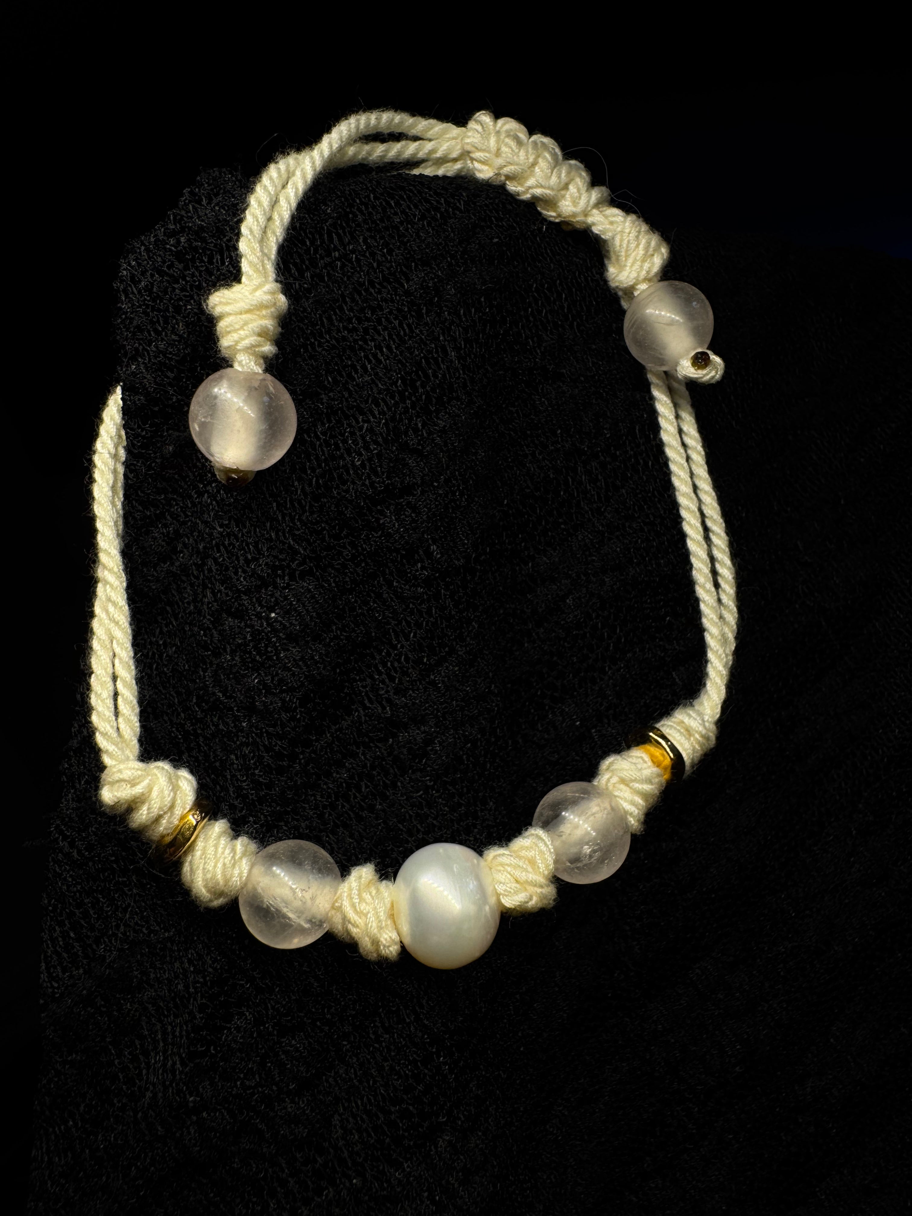 Pearl bracelet with rose quartz - on cotton cord