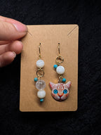 Cat earrings blue eyes - with turquoise, moonstone and clear quartz