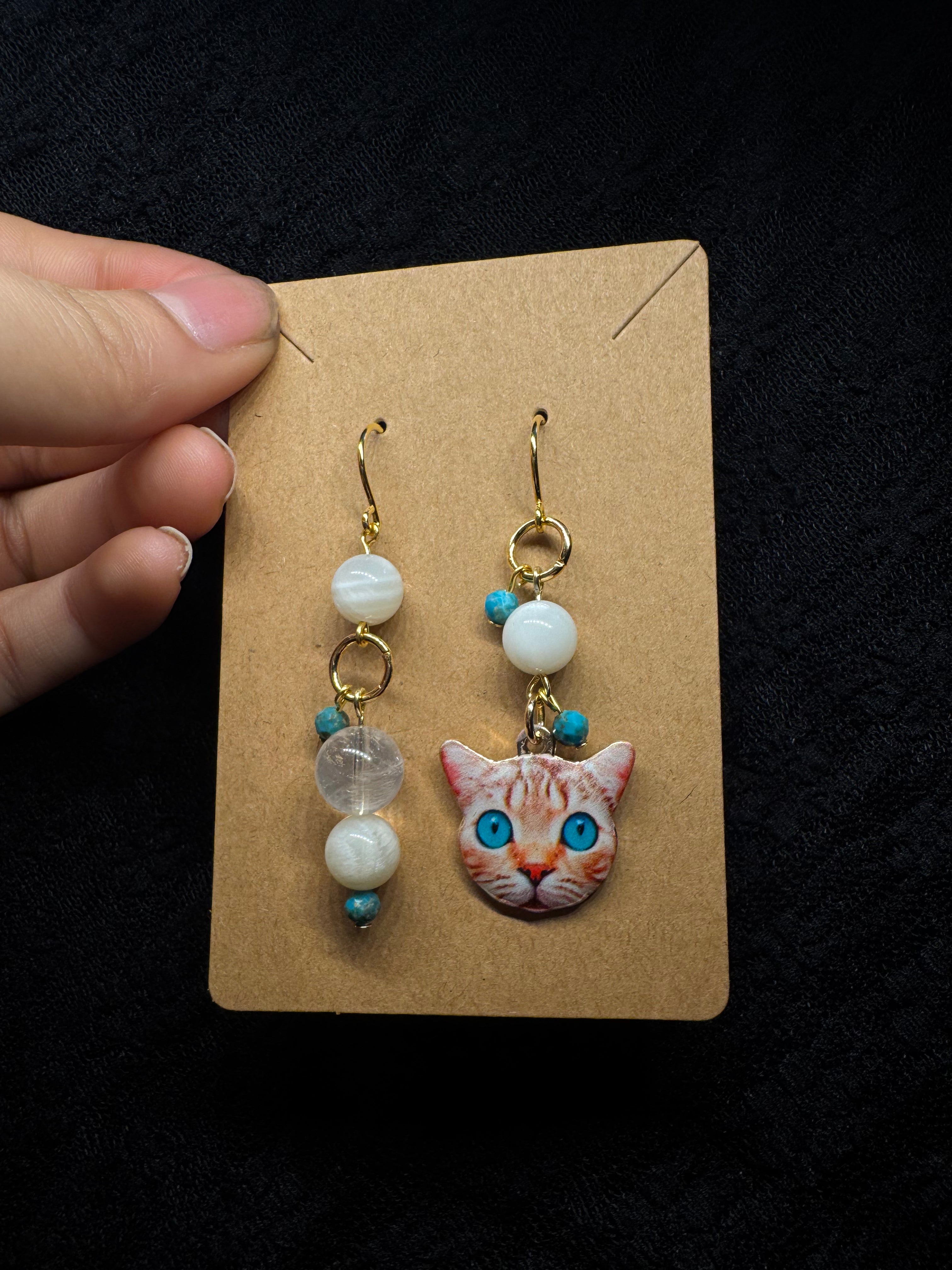 Cat earrings blue eyes - with turquoise, moonstone and clear quartz