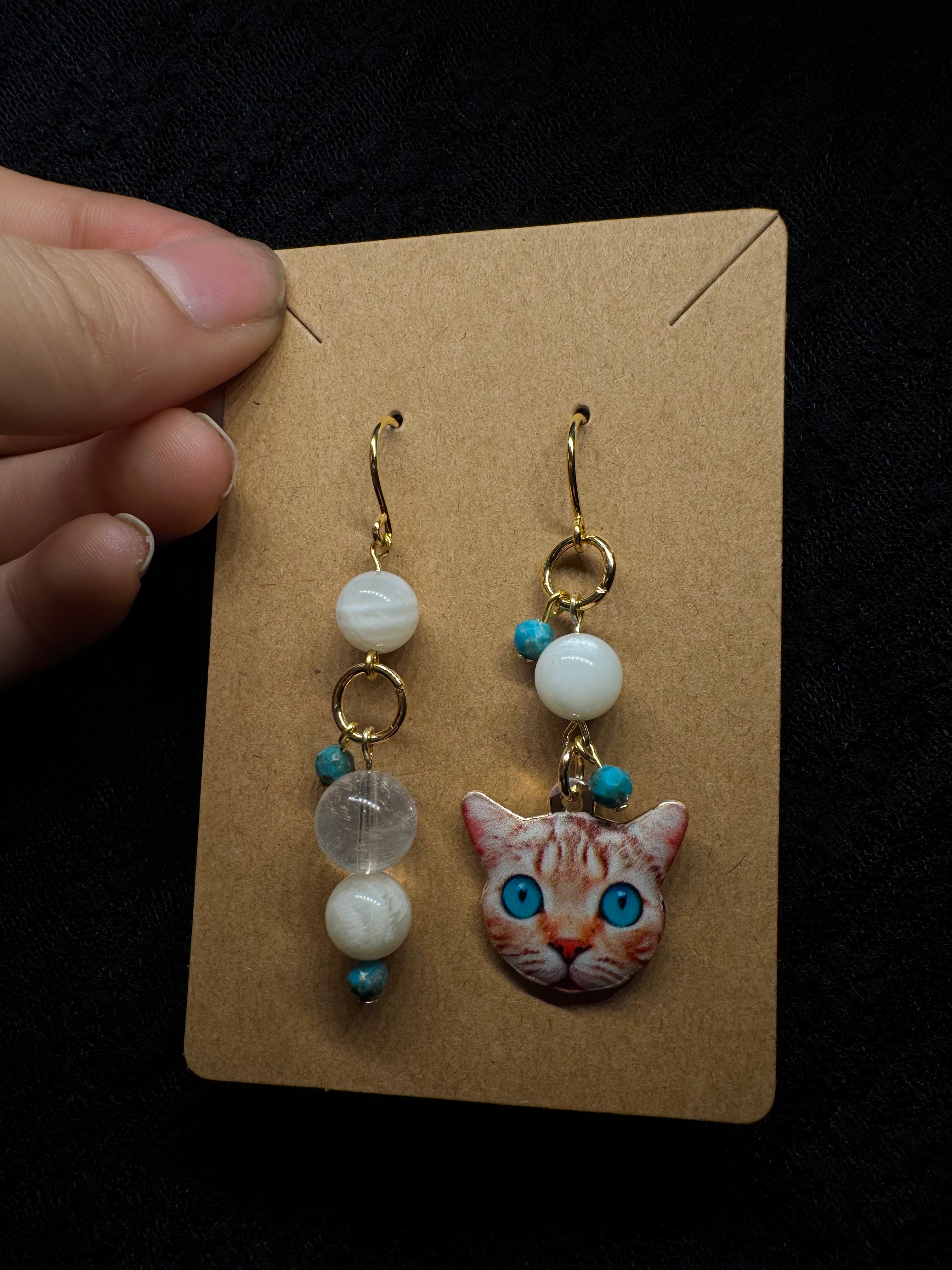 Cat earrings blue eyes - with turquoise, moonstone and clear quartz