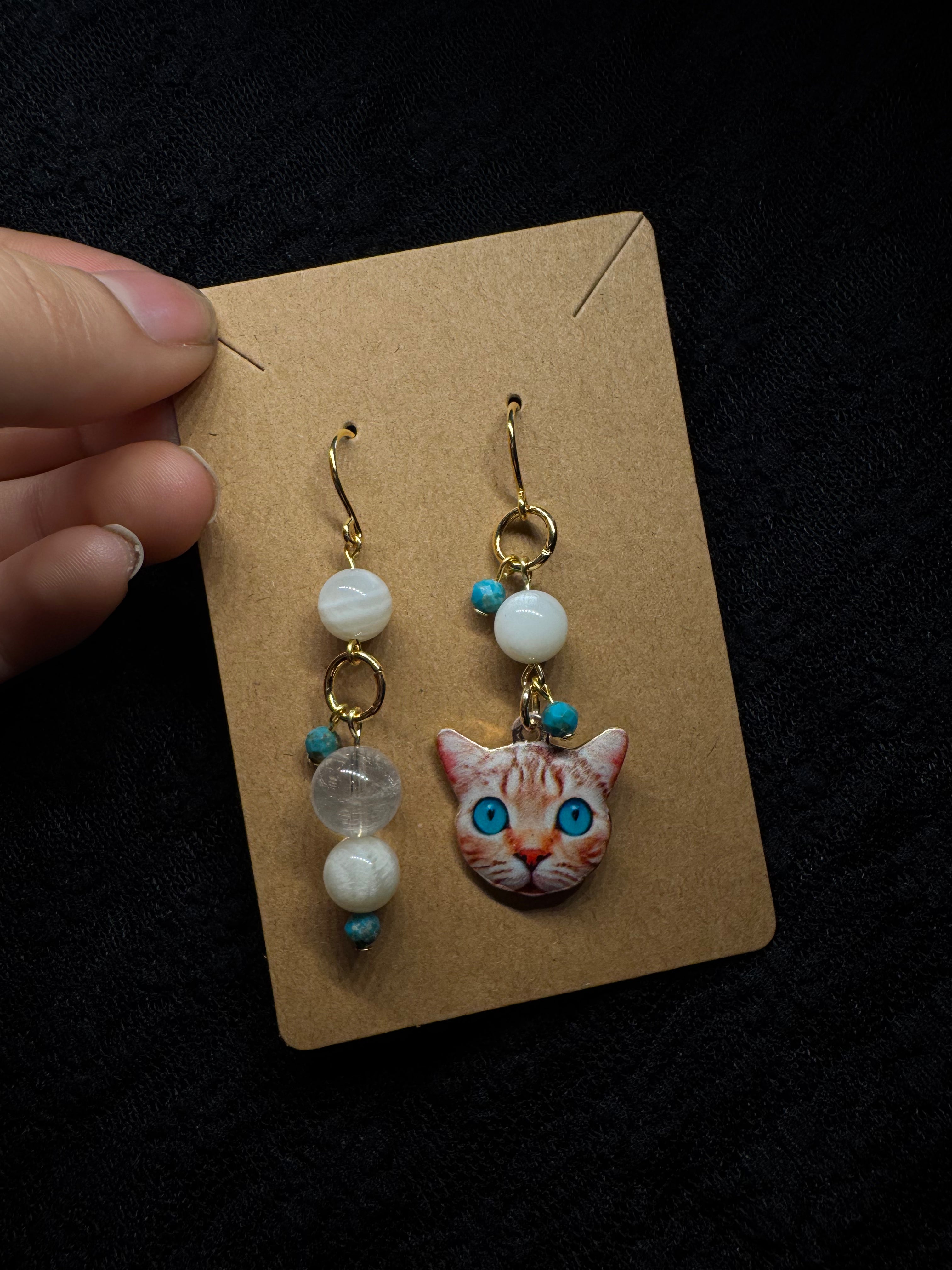 Cat earrings blue eyes - with turquoise, moonstone and clear quartz