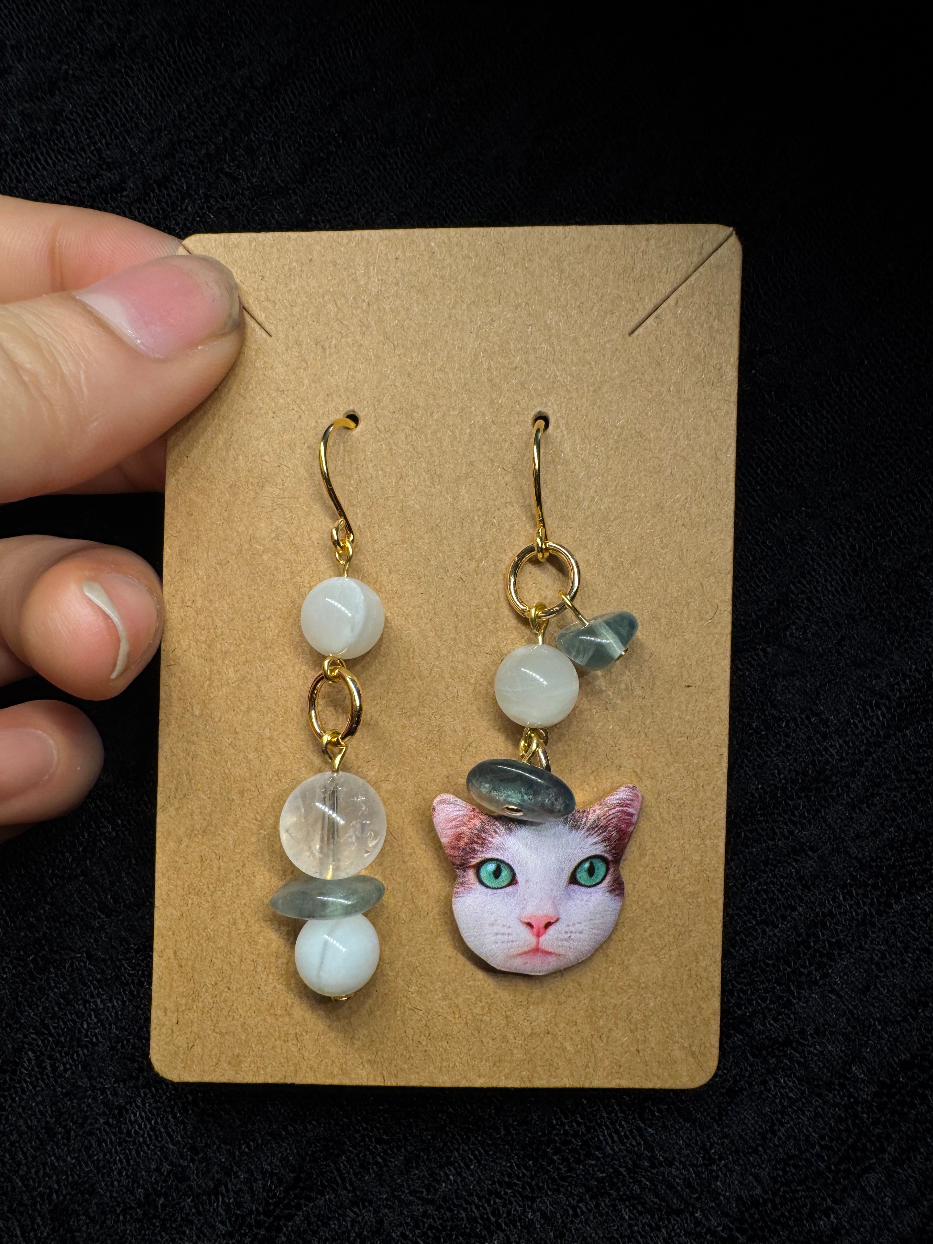 Cat earrings green eyes - with moonstone, fluorite and clear quartz