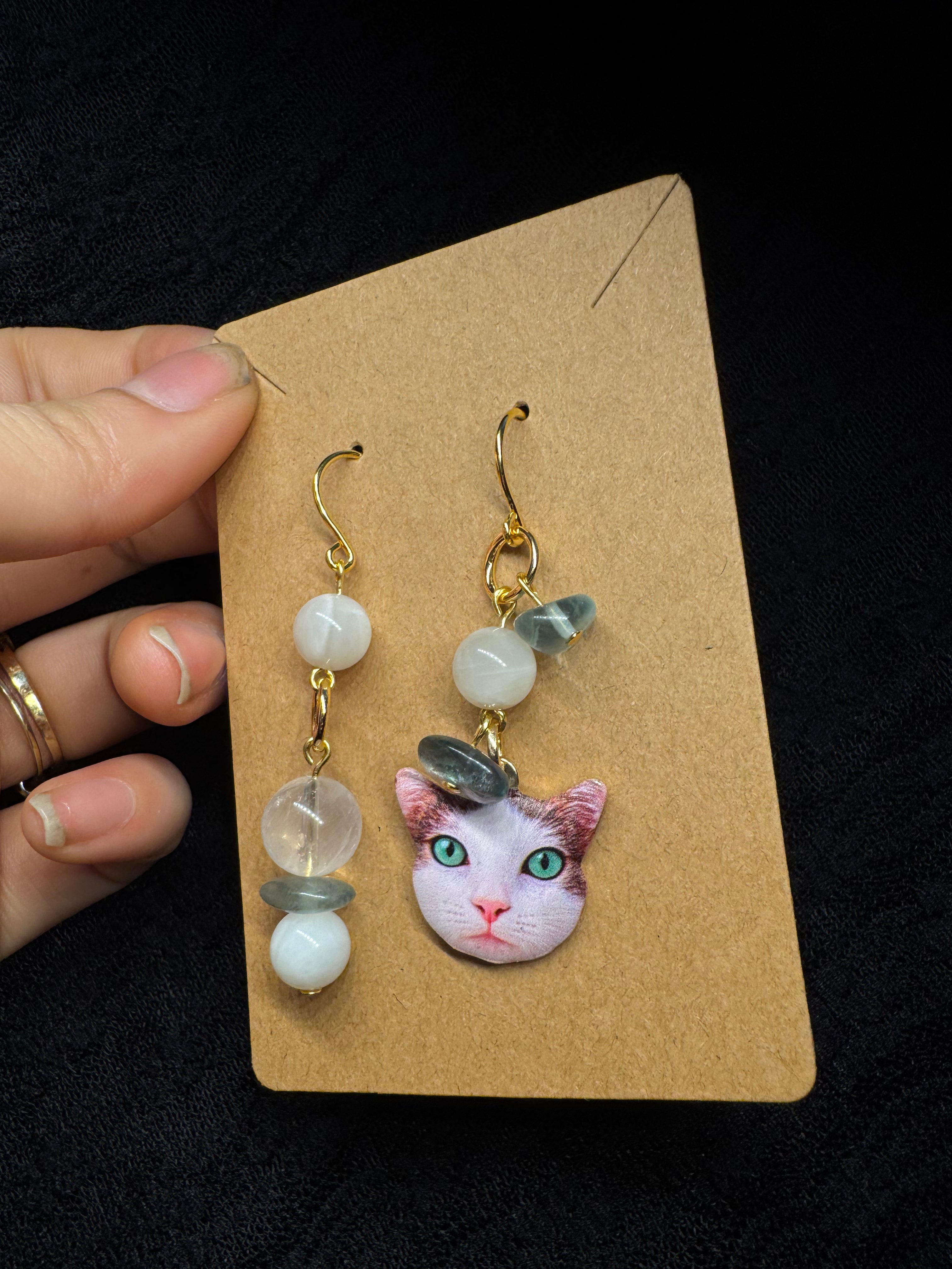 Cat earrings green eyes - with moonstone, fluorite and clear quartz
