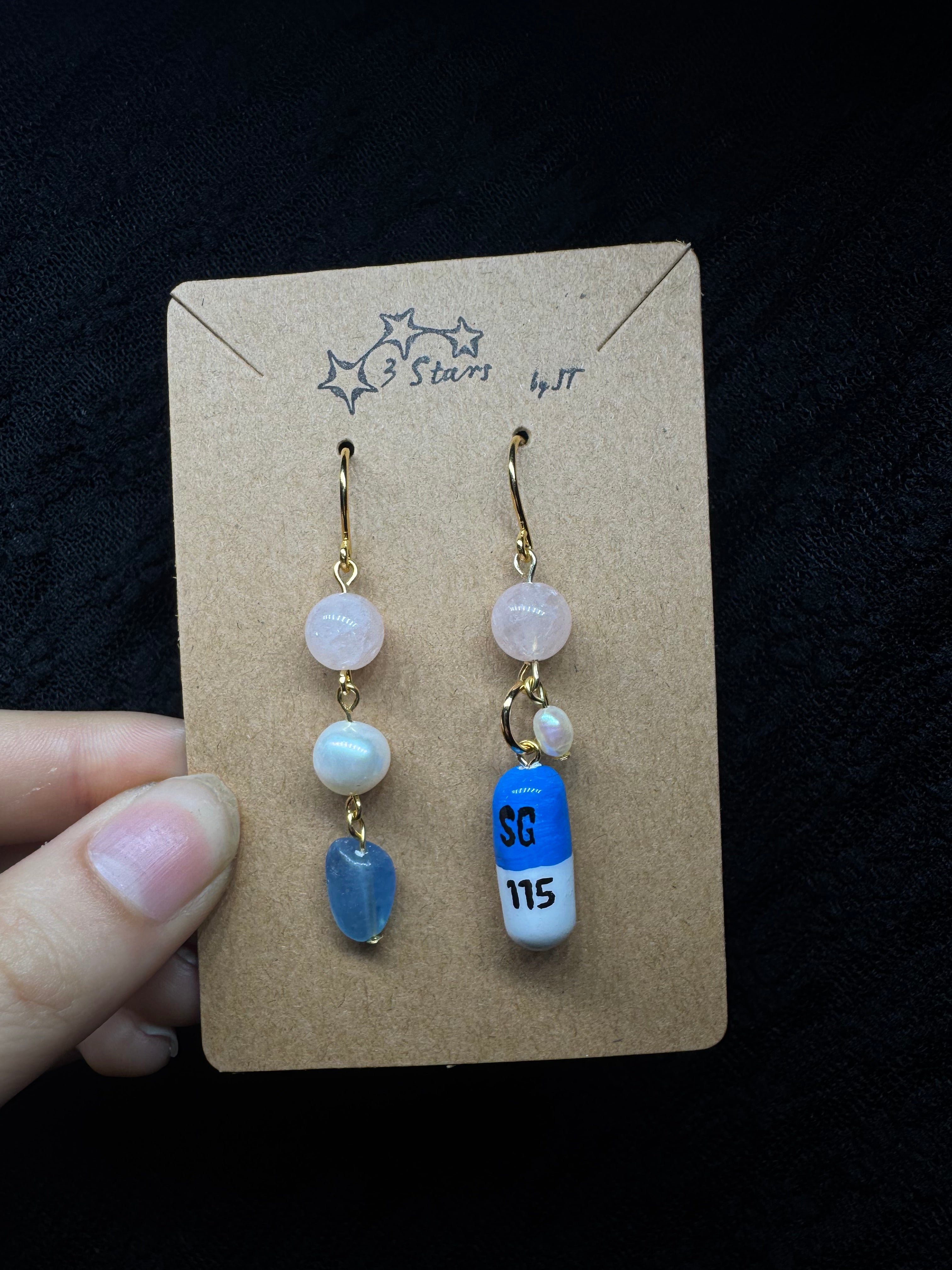 Prozac Earrings - with morganite, pearls and aquamarine