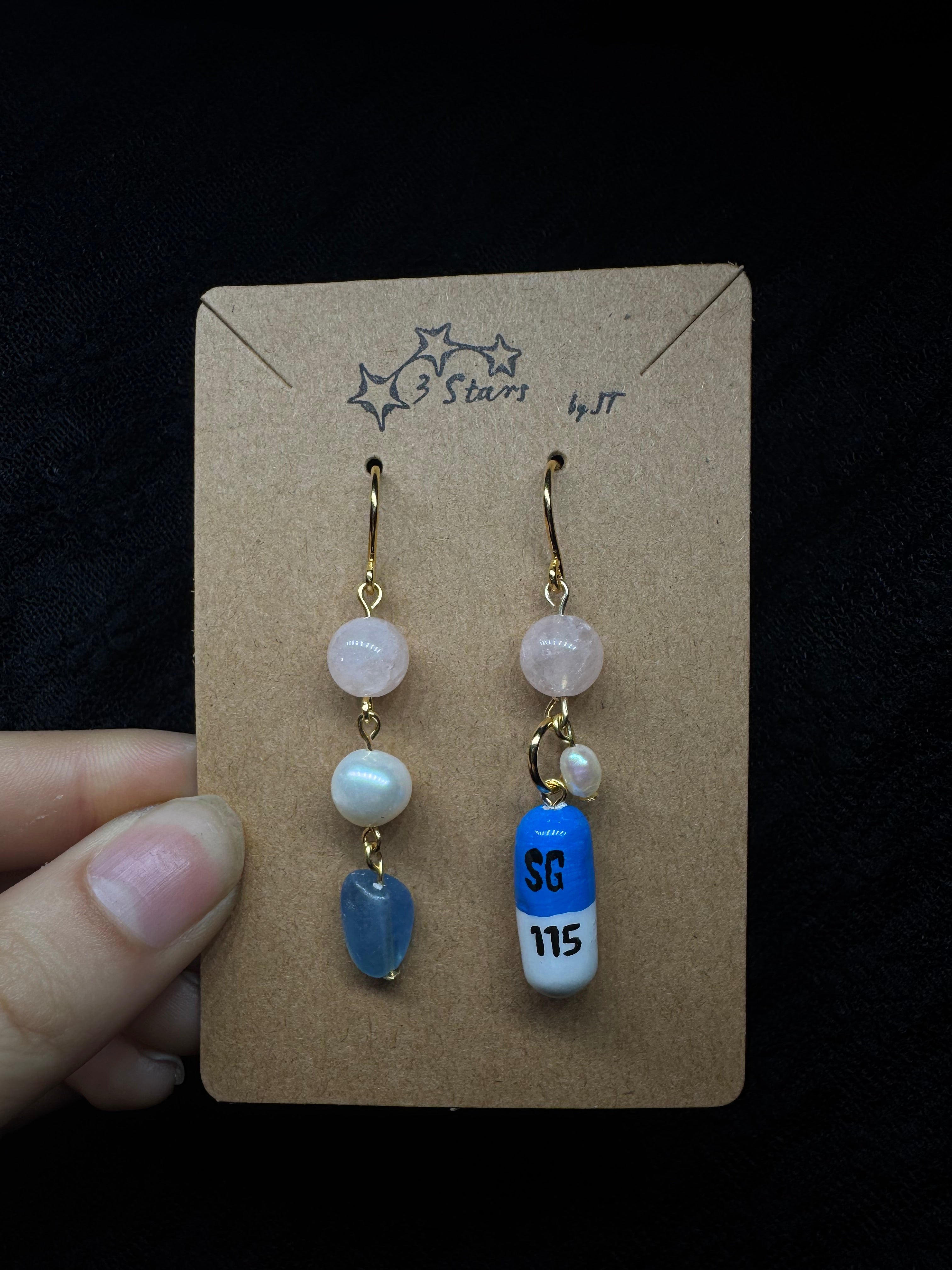 Prozac Earrings - with morganite, pearls and aquamarine