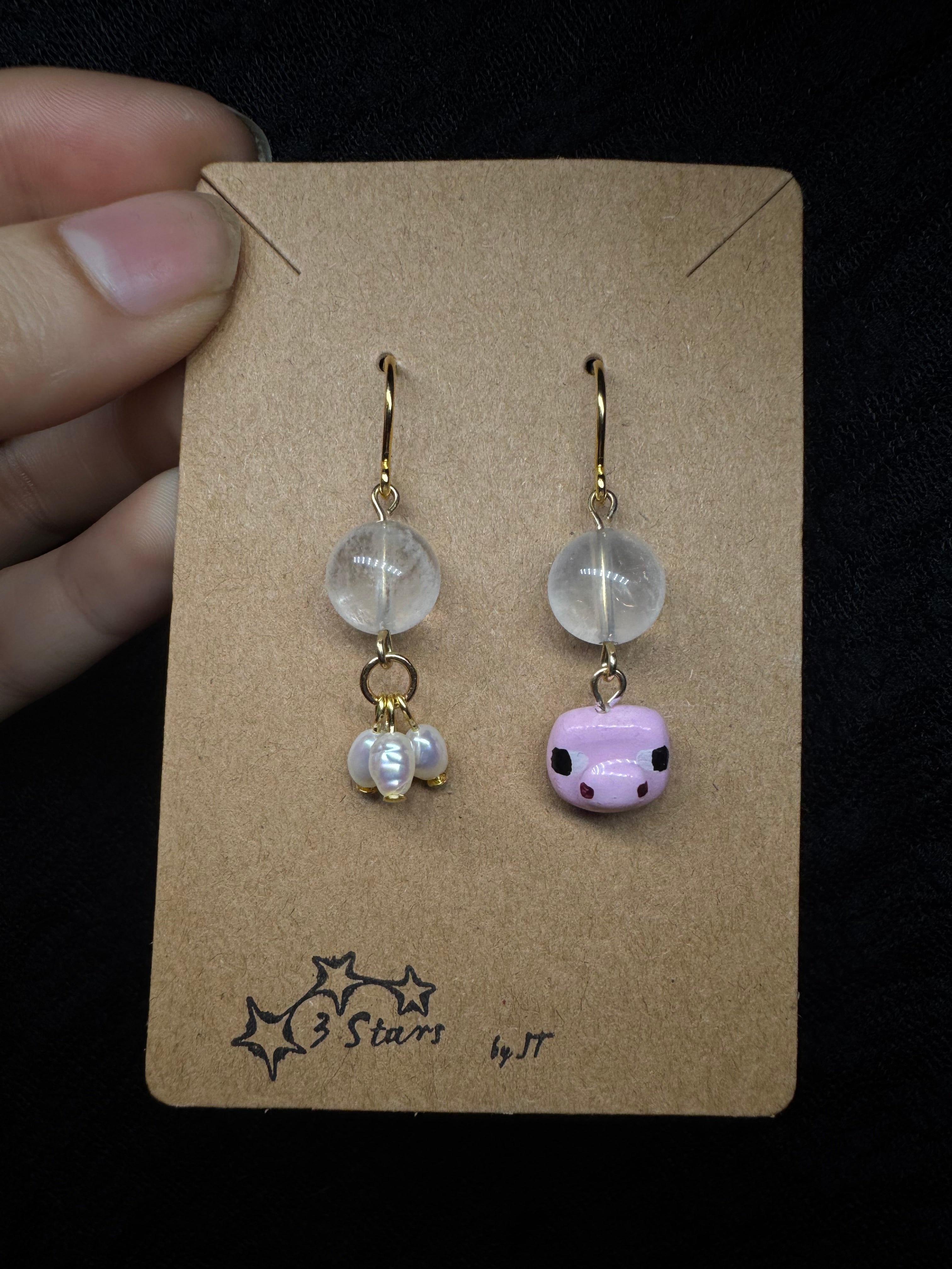 Minecraft pig earrings - with clear quartz and pearls