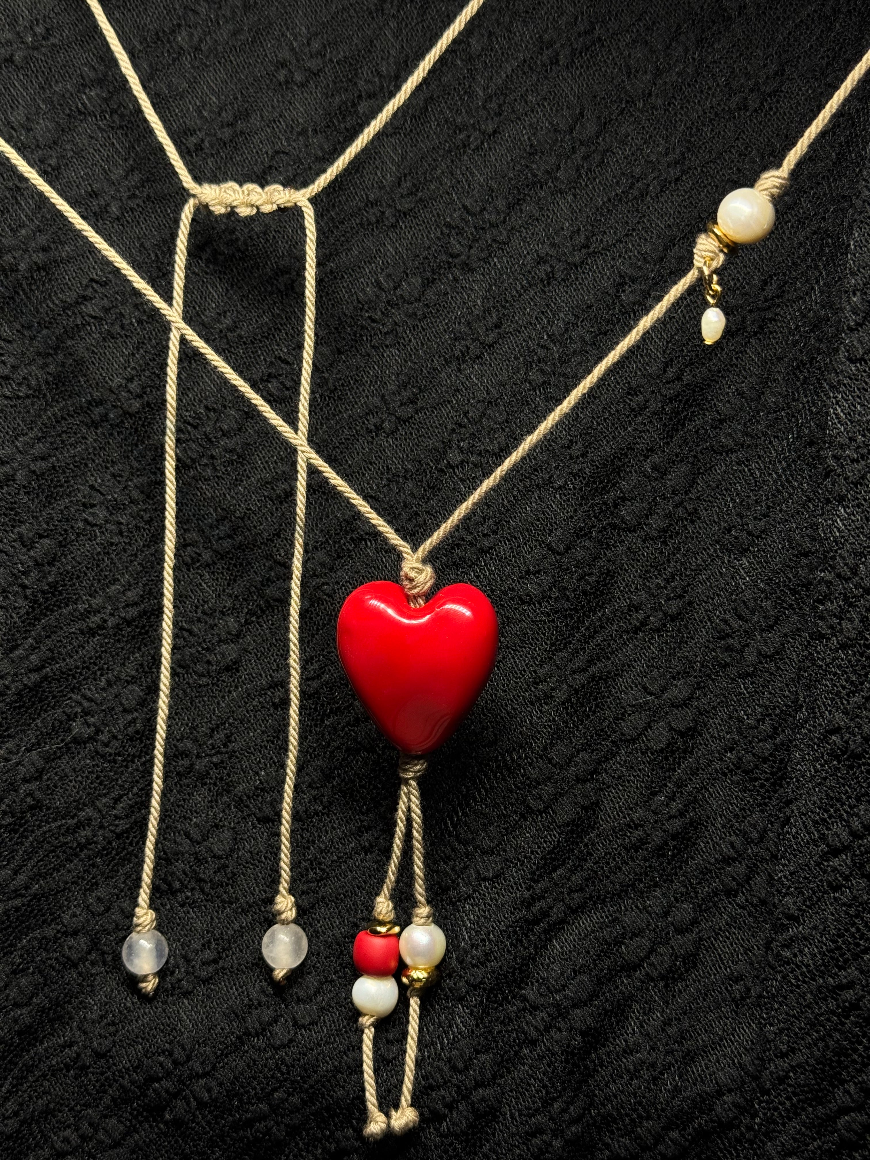 Red Heart Necklace - with pearls, gold accents, and rose quartz