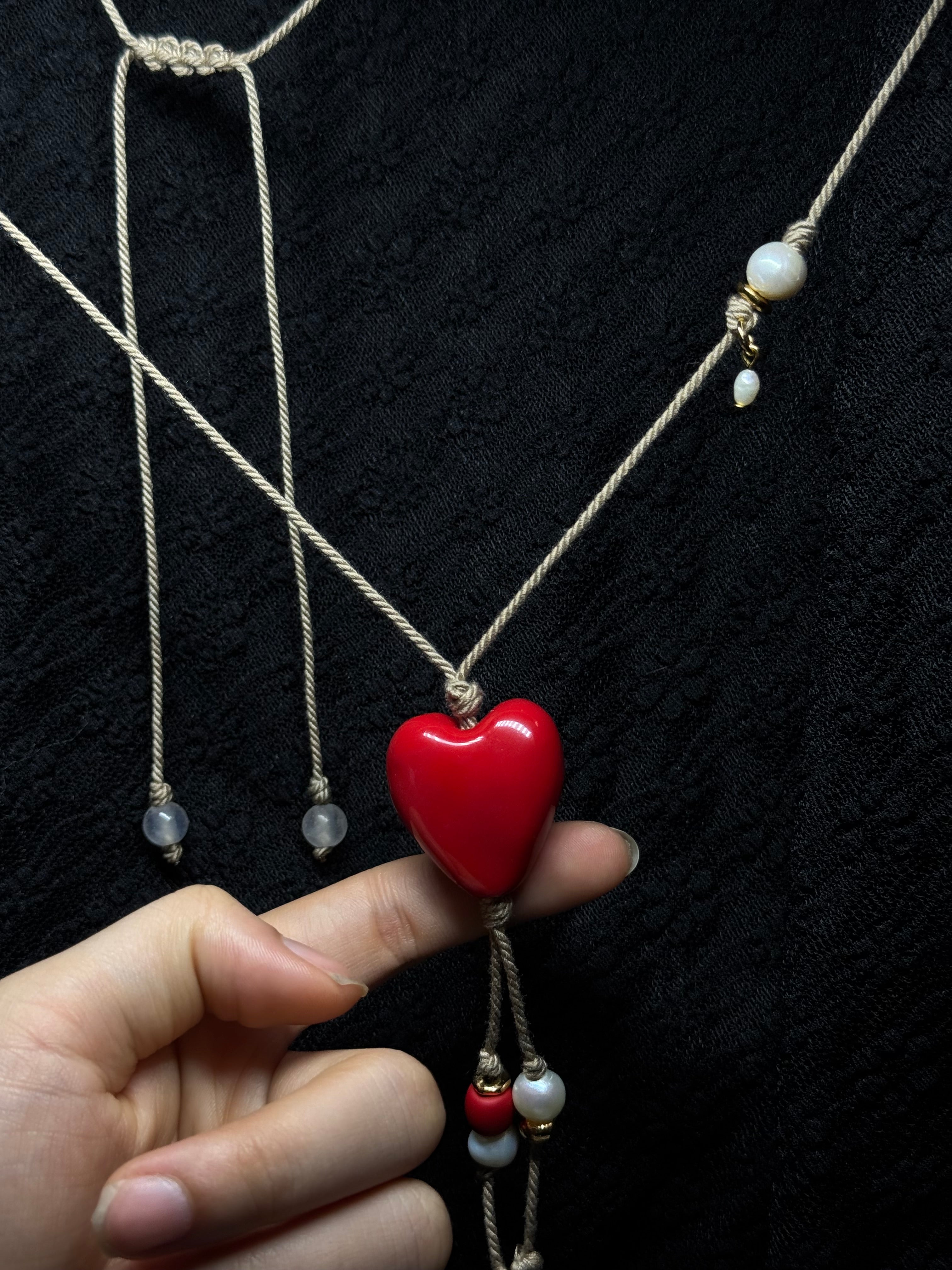 Red Heart Necklace - with pearls, gold accents, and rose quartz