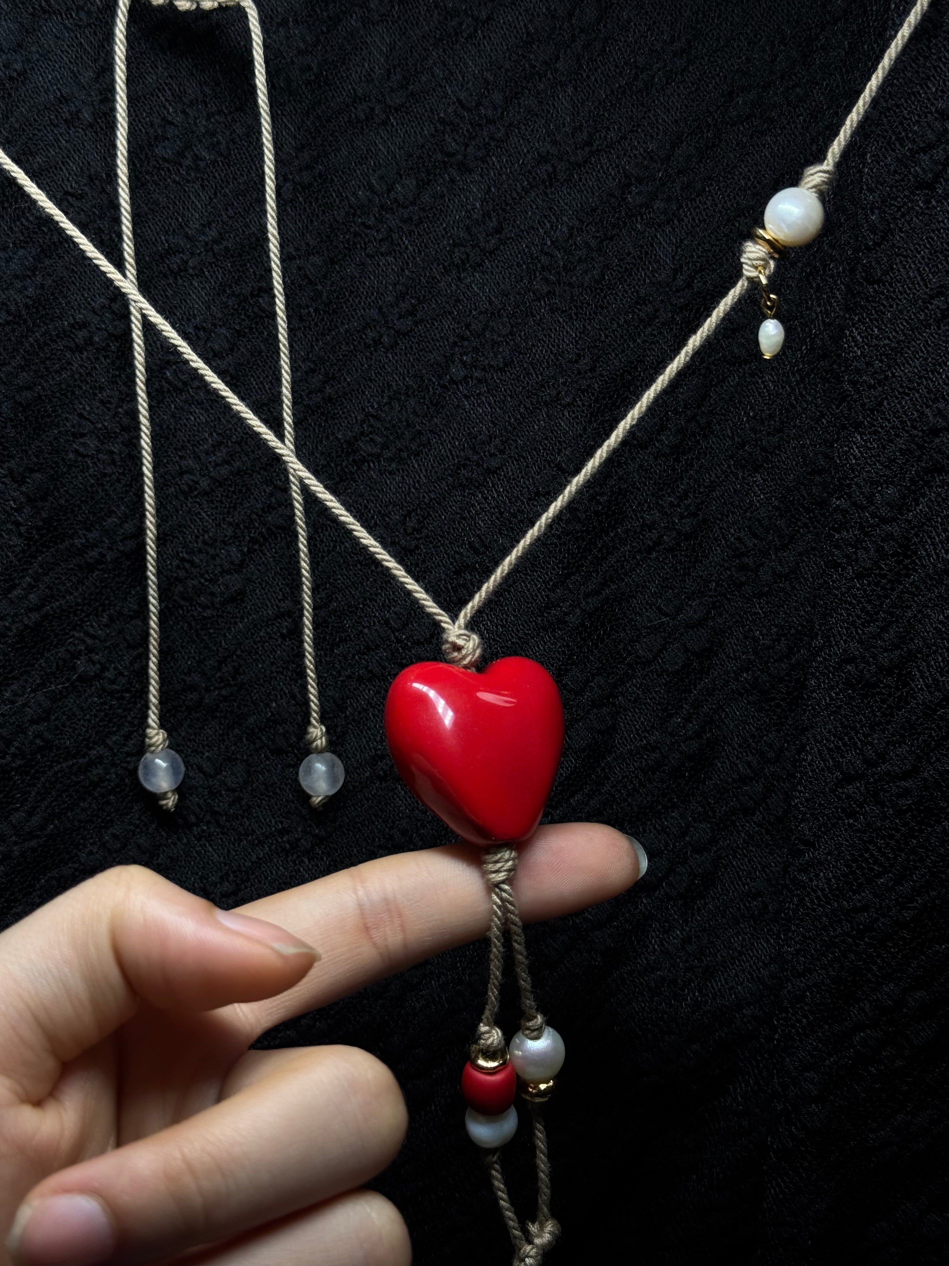 Red Heart Necklace - with pearls, gold accents, and rose quartz