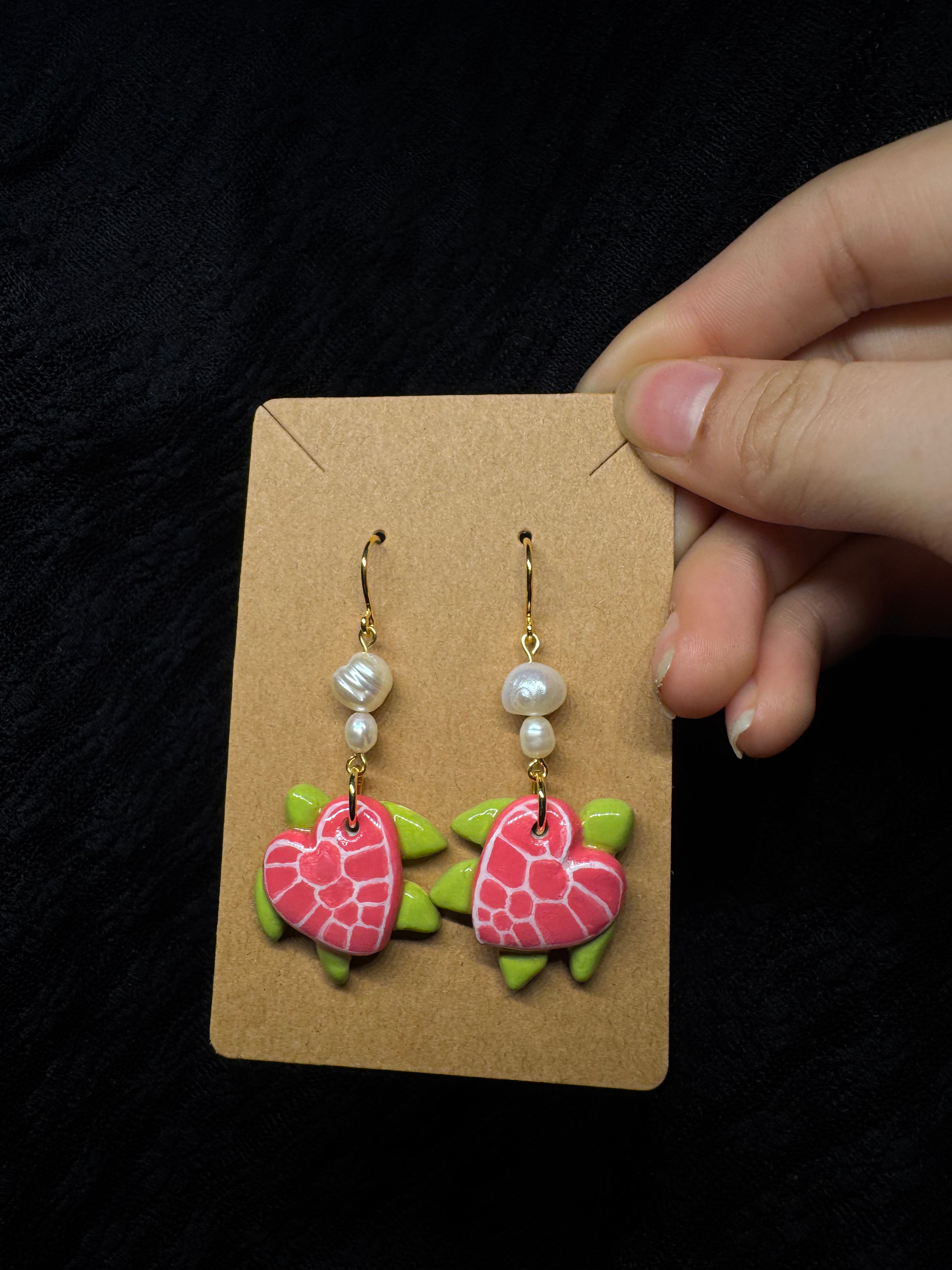 Turtle Earrings - polymer clay and pearls