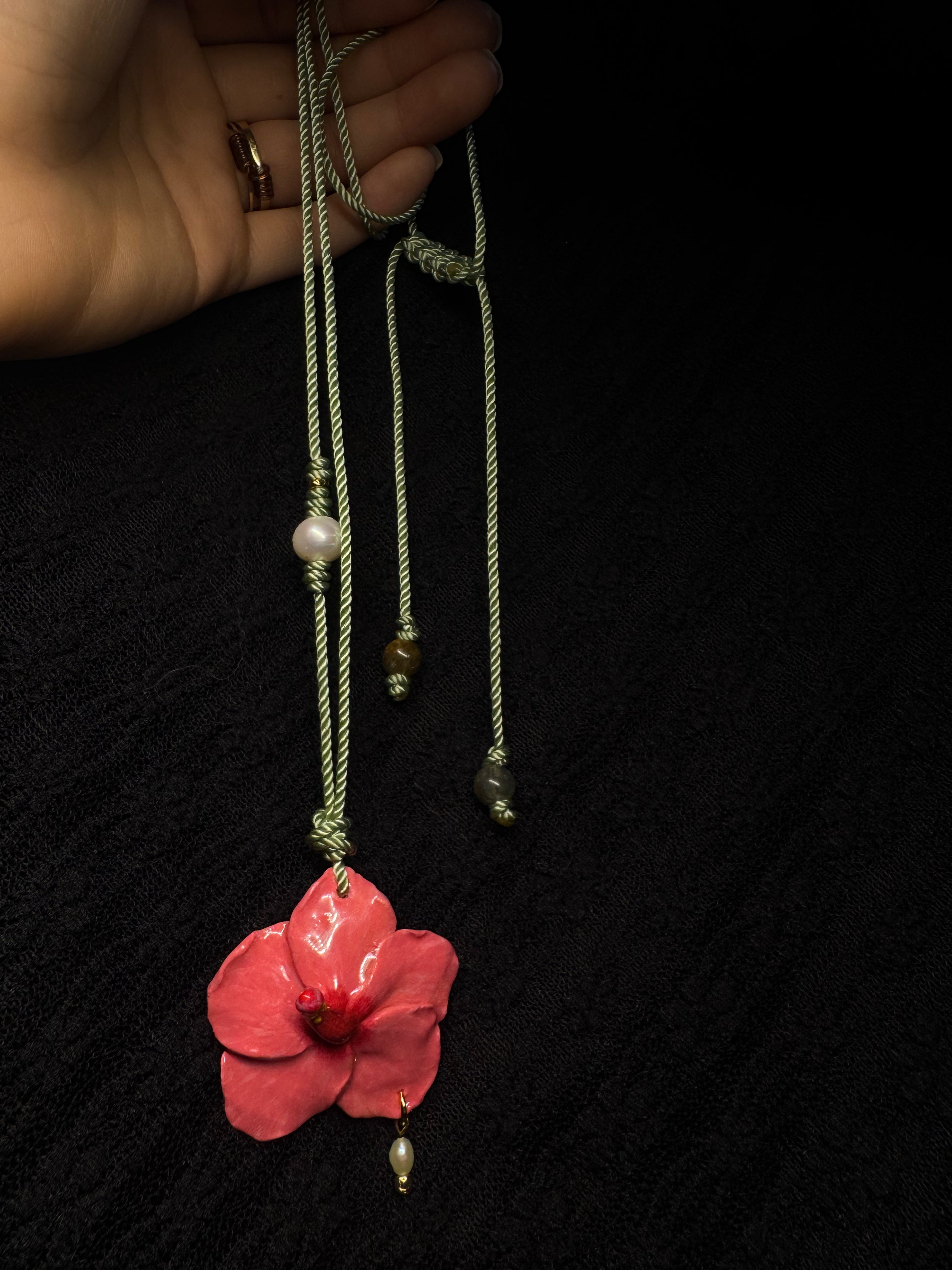 Hibiscus necklace - with pearls and gold accents