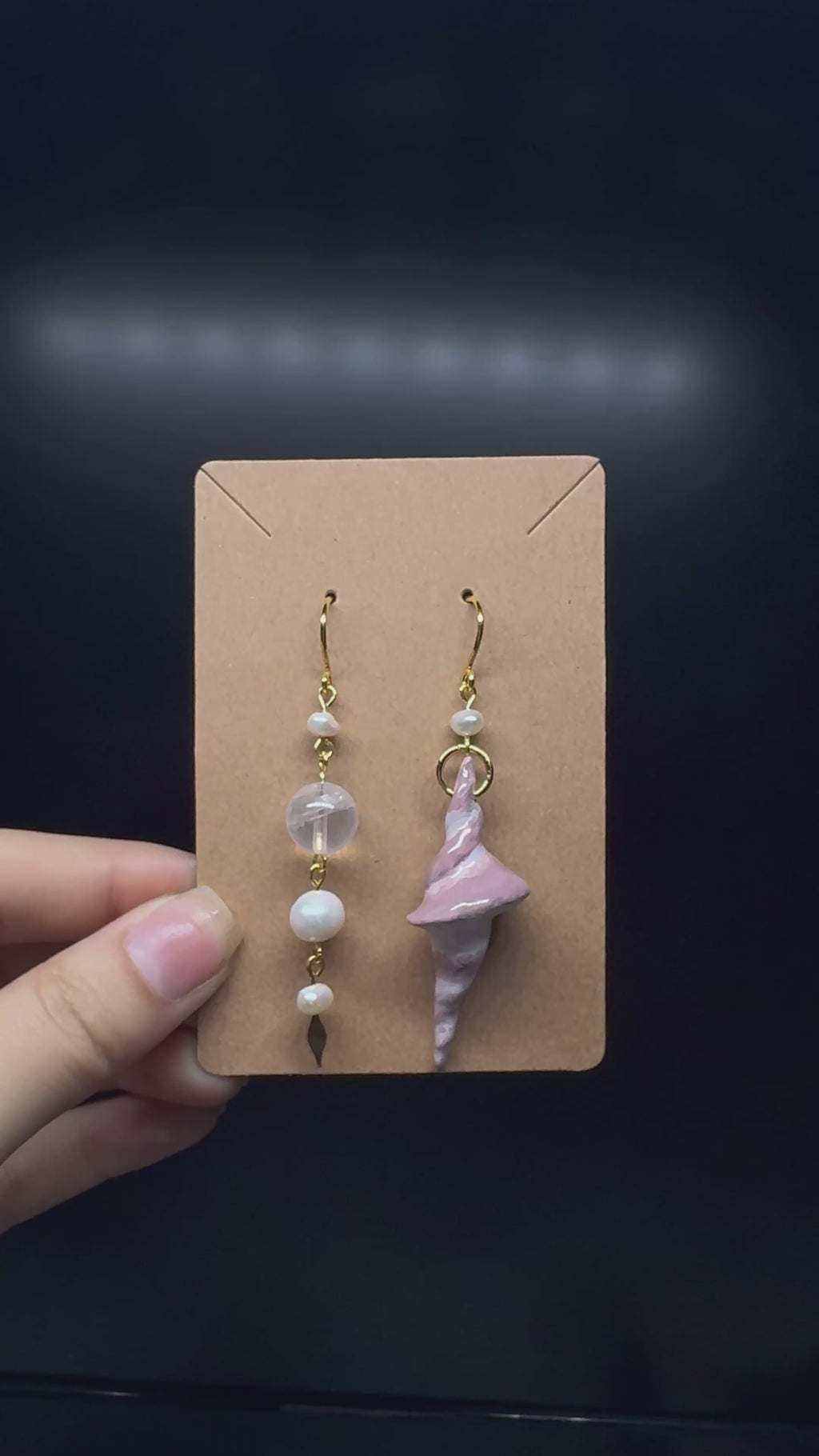 handmade polymer clay small shell earrings - with clear quartz and pearls