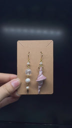 handmade polymer clay small shell earrings - with clear quartz and pearls