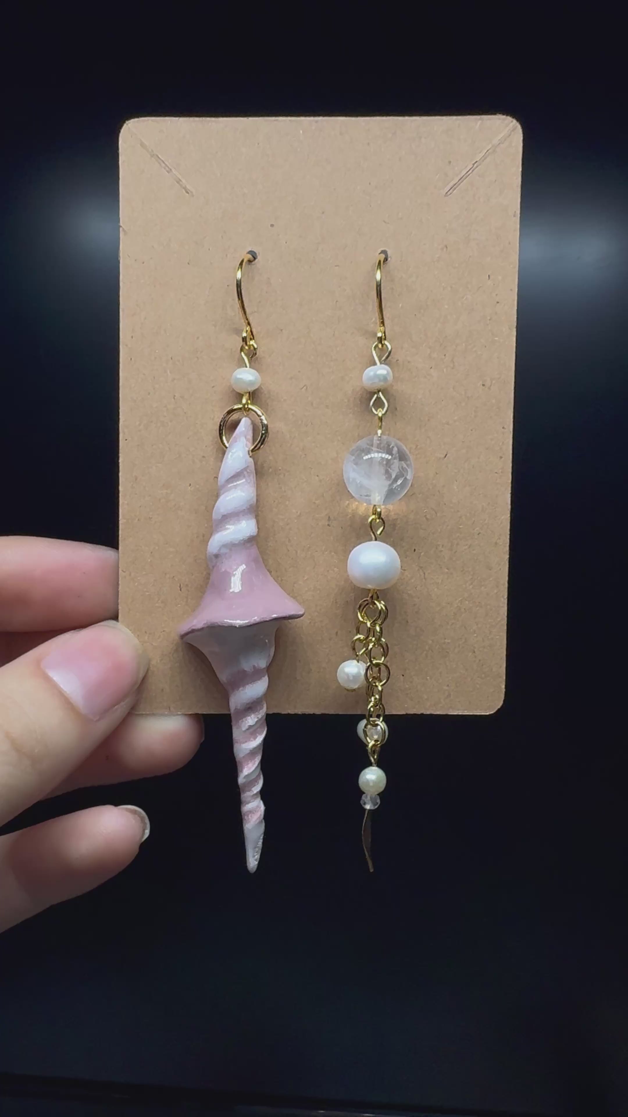 Handmade polymer clay shell earrings - with pearls and clear quartz