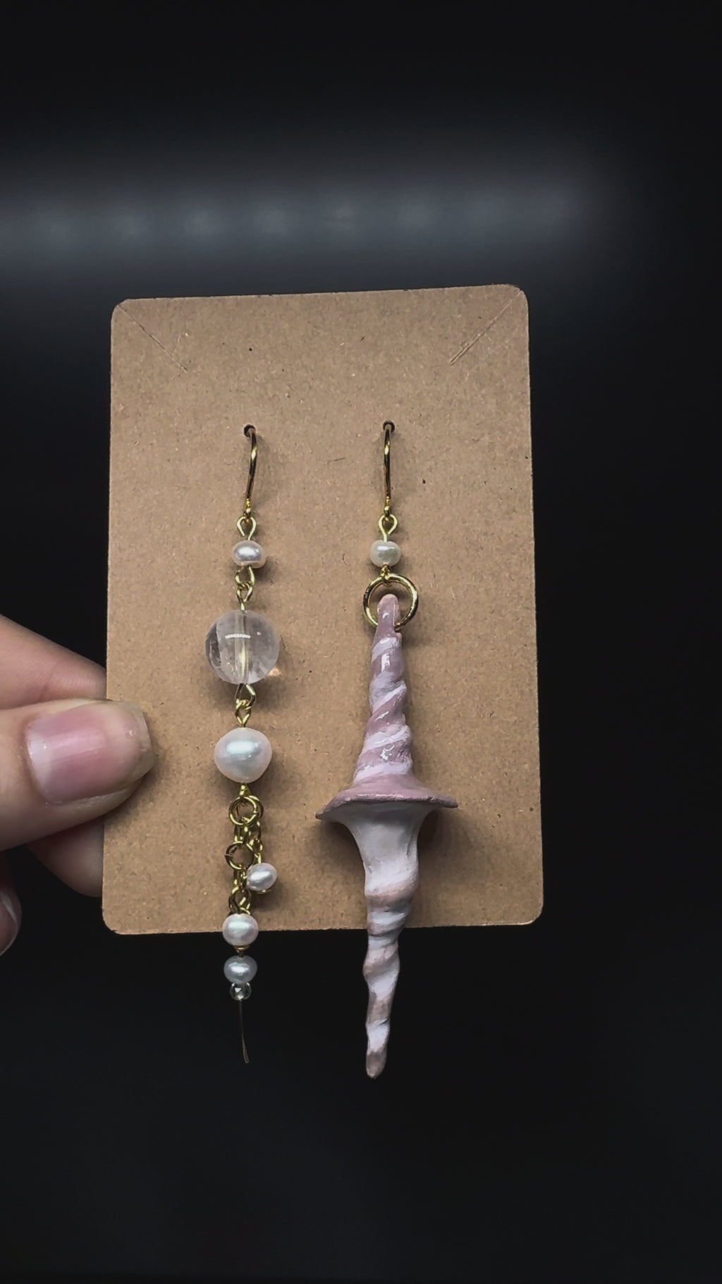 Handmade polymer clay shell earrings - with pearls and clear quartz