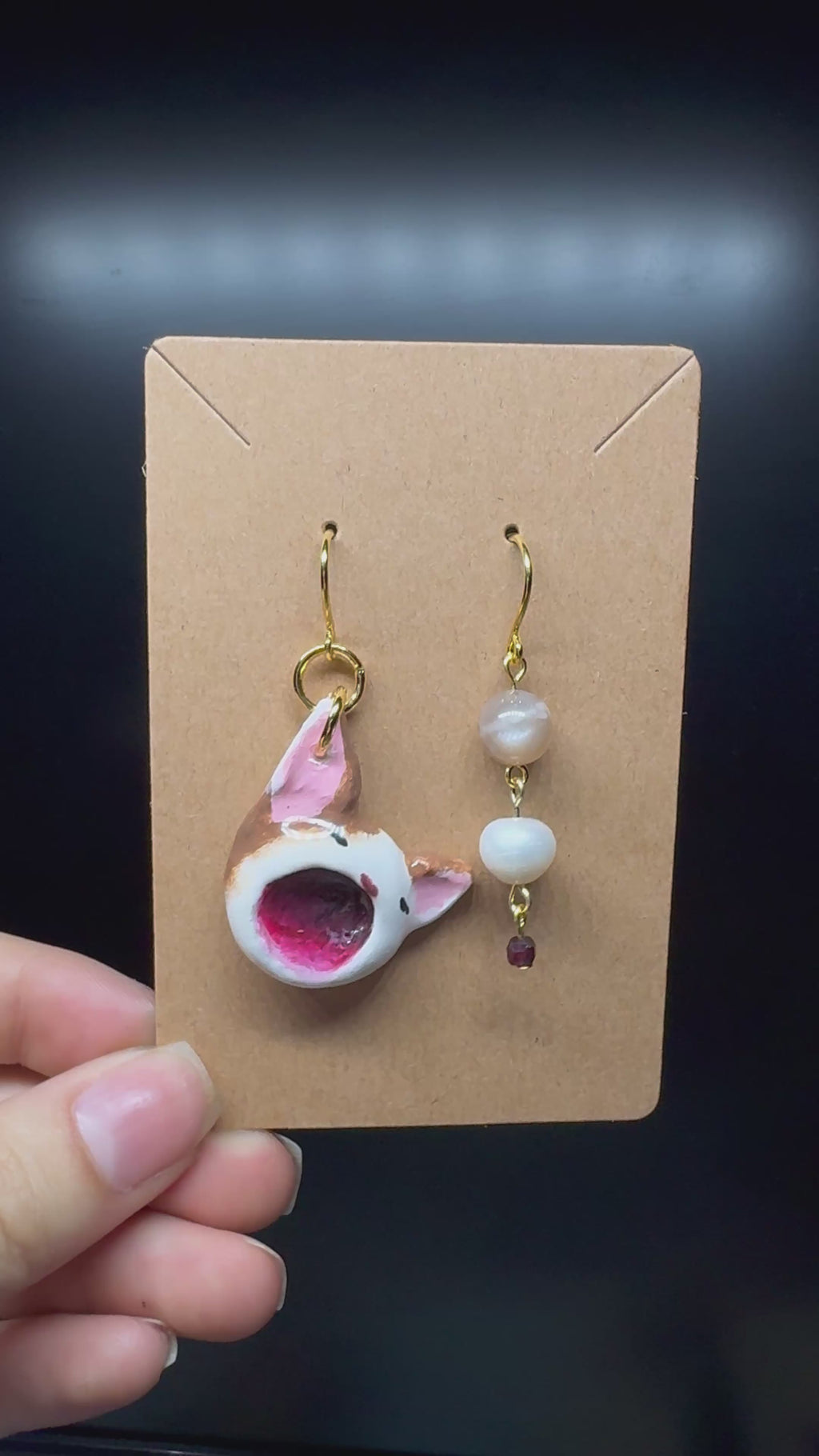 Pop cat handmade earrings - polymer clay with pearl and crystals