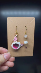 Pop cat handmade earrings - polymer clay with pearl and crystals