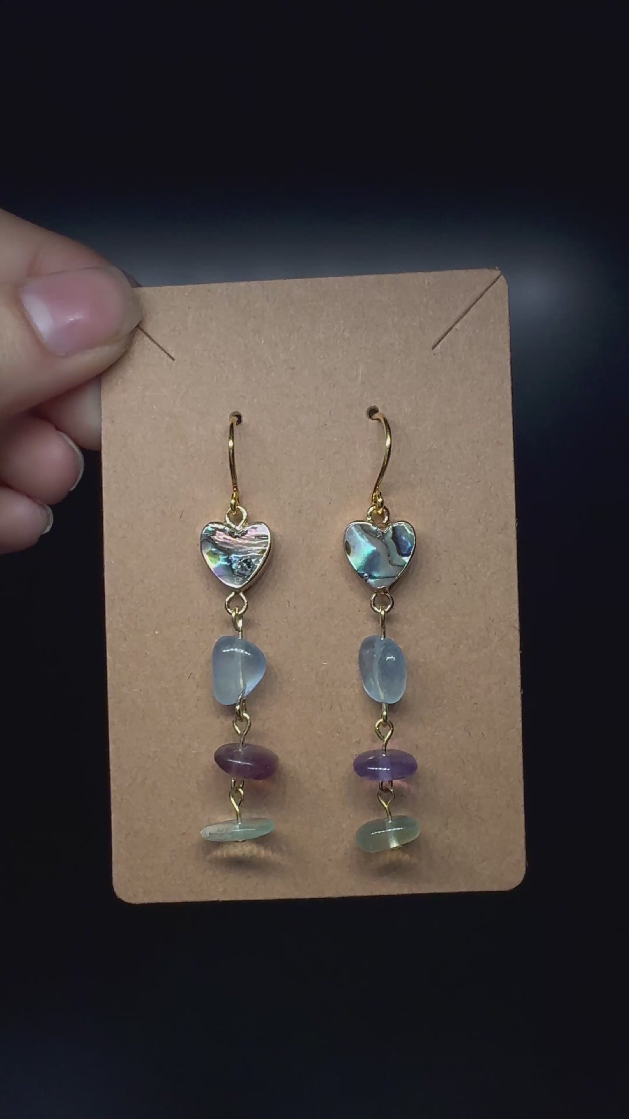 Abalone shell heart earrings - with rainbow fluorite