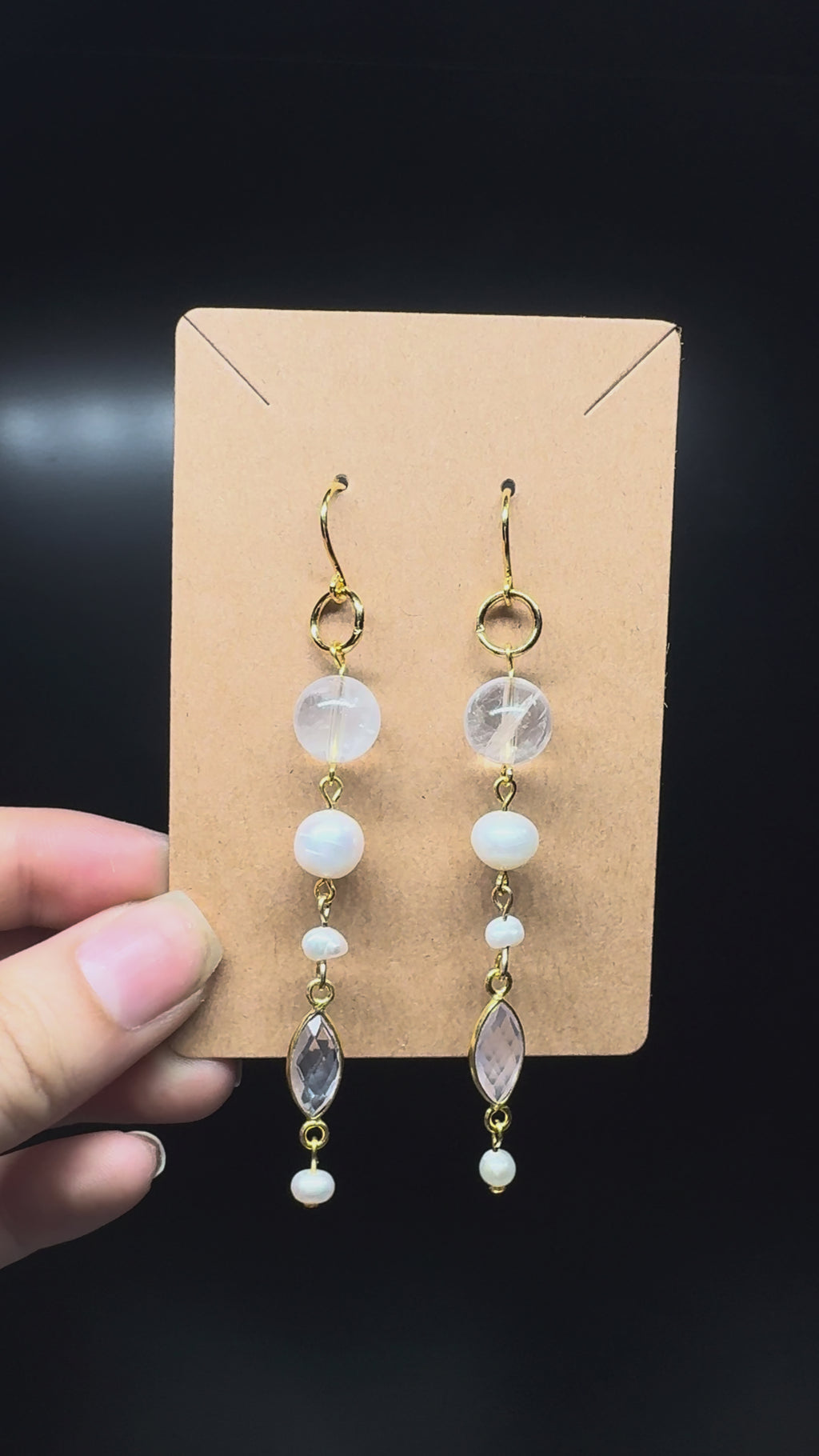 Rose quartz faceted eye earrings - with pearls and clear quartz