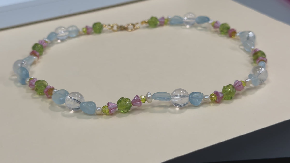 Flowers in Water Necklace - with clear quartz, moonstone, fluorite and pearls