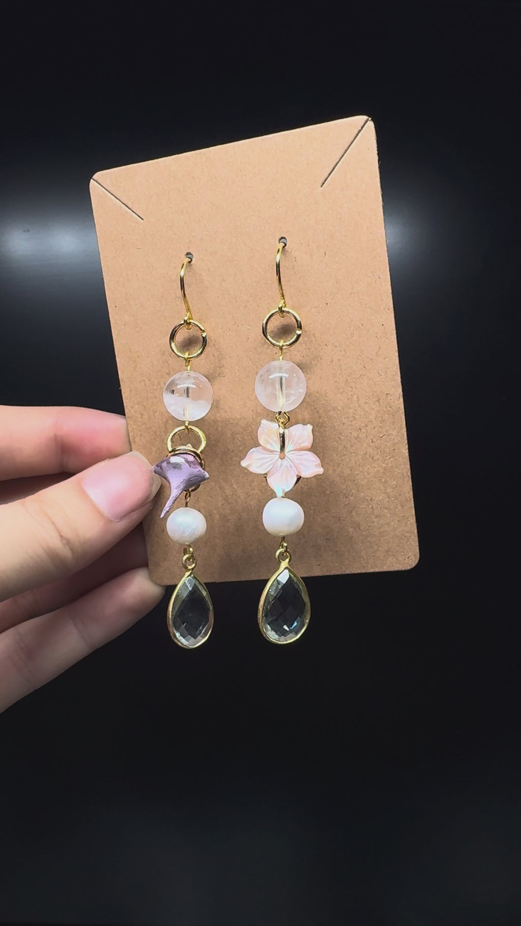 Aquamarine (syn.) teardrop earrings - with pink shell carved hibiscus, clear quartz, pearls and a handmade polymer clay piece