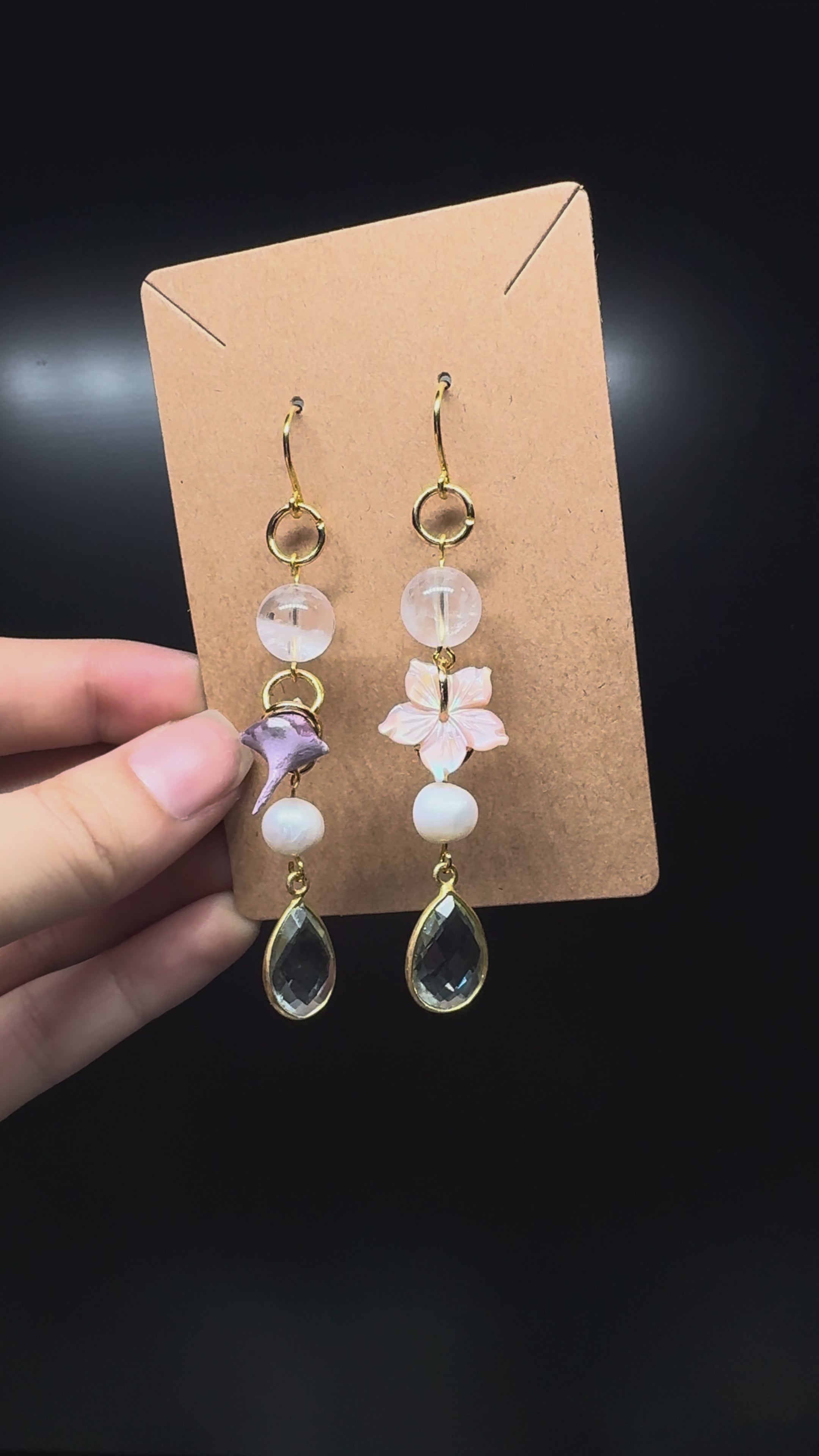 Aquamarine (syn.) teardrop earrings - with pink shell carved hibiscus, clear quartz, pearls and a handmade polymer clay piece