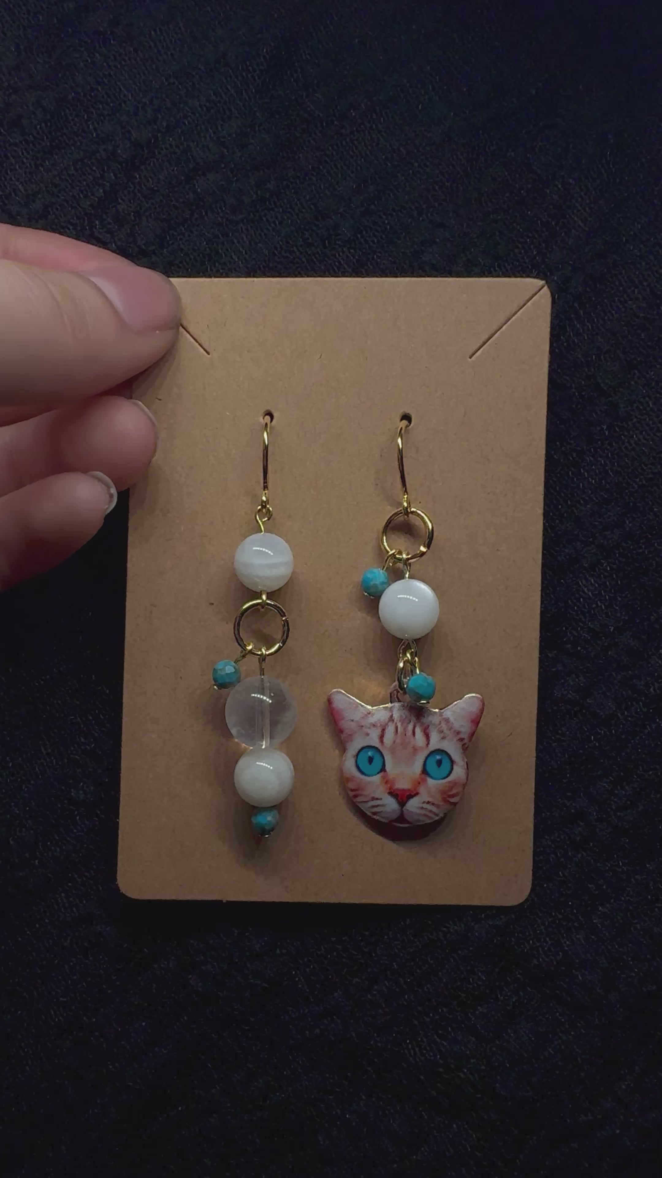 Cat earrings blue eyes - with turquoise, moonstone and clear quartz
