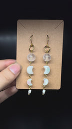 Mother of pearl carved moon earrings - with clear quartz