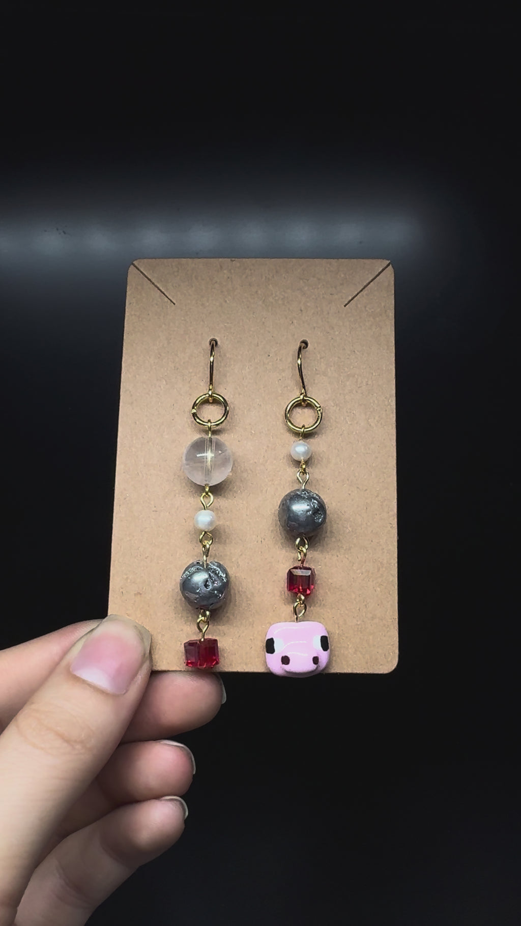 derpy Minecraft pig earrings - with pyrite, clear quartz and pearls