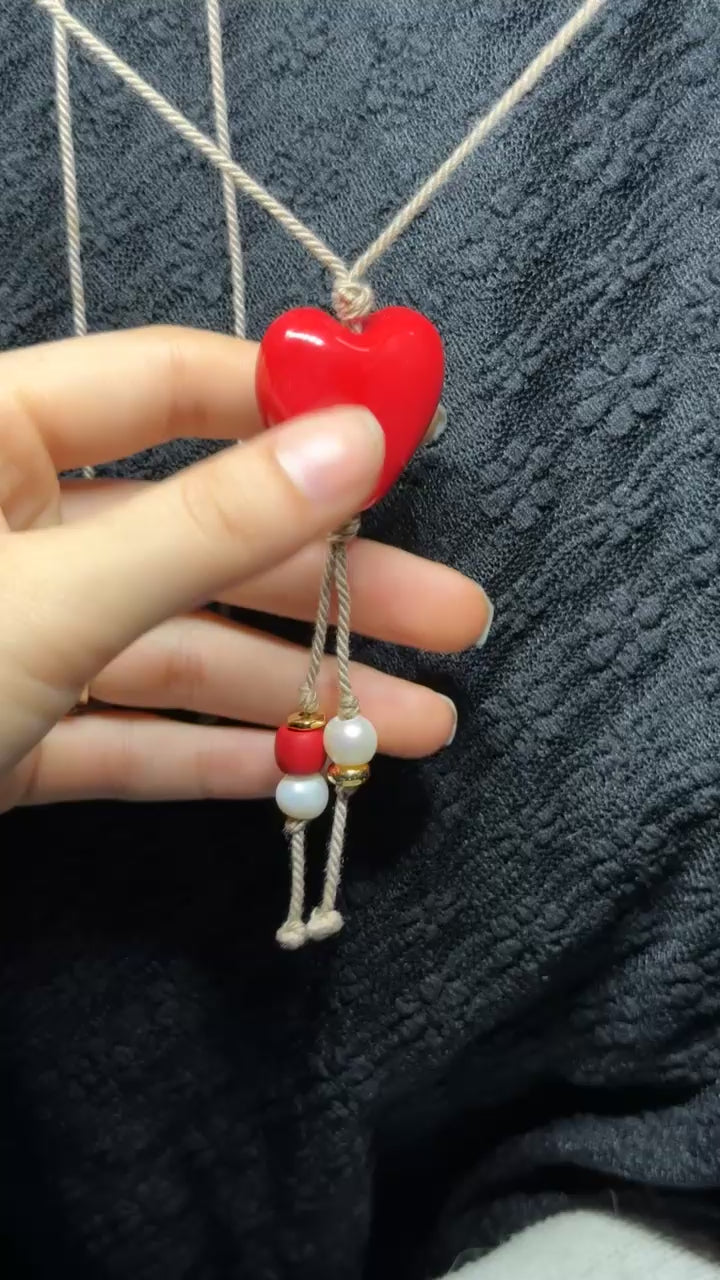 Red Heart Necklace - with pearls, gold accents, and rose quartz