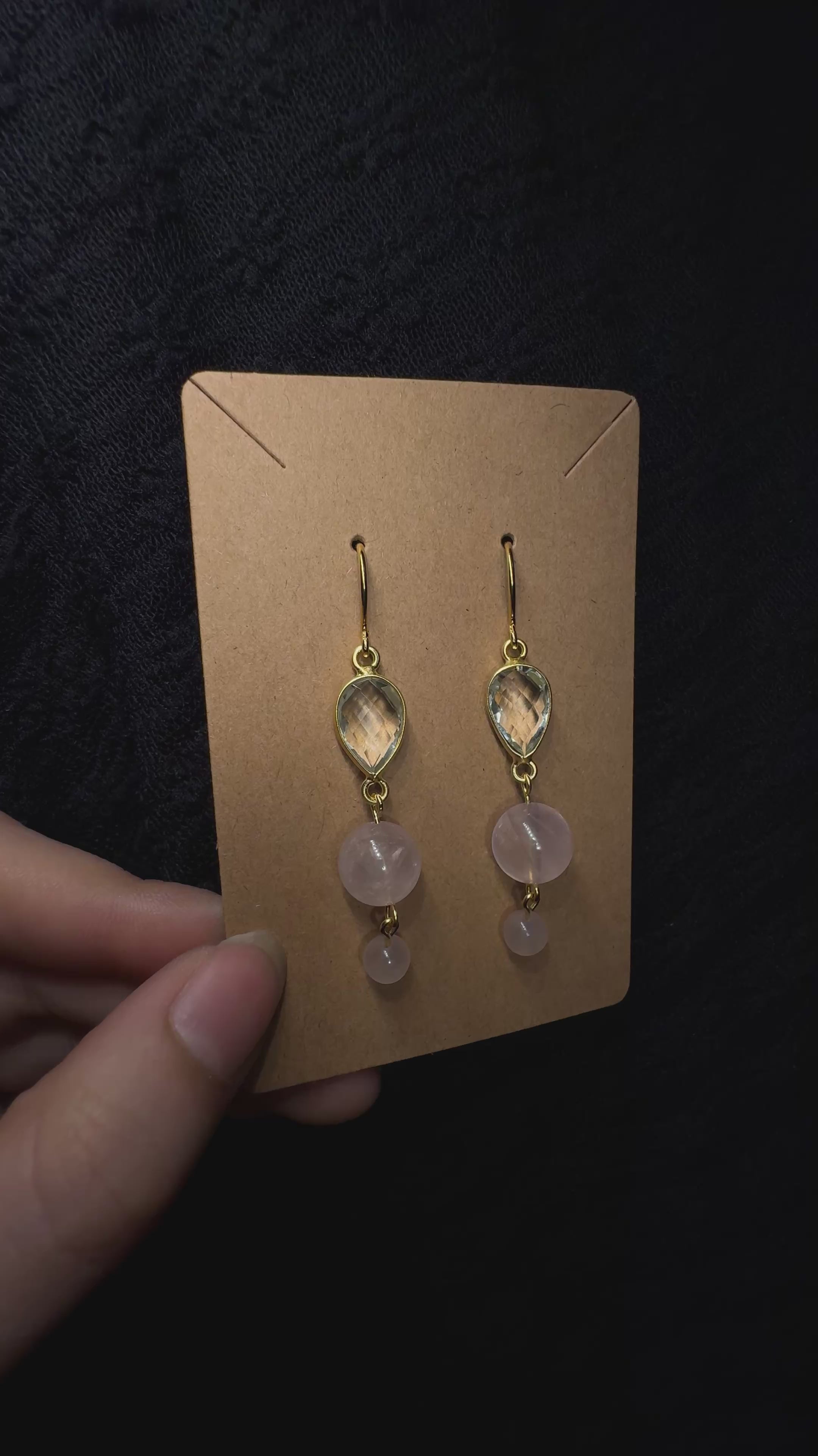 Prasiolite teardrop earrings - with Madagascar rose quartz