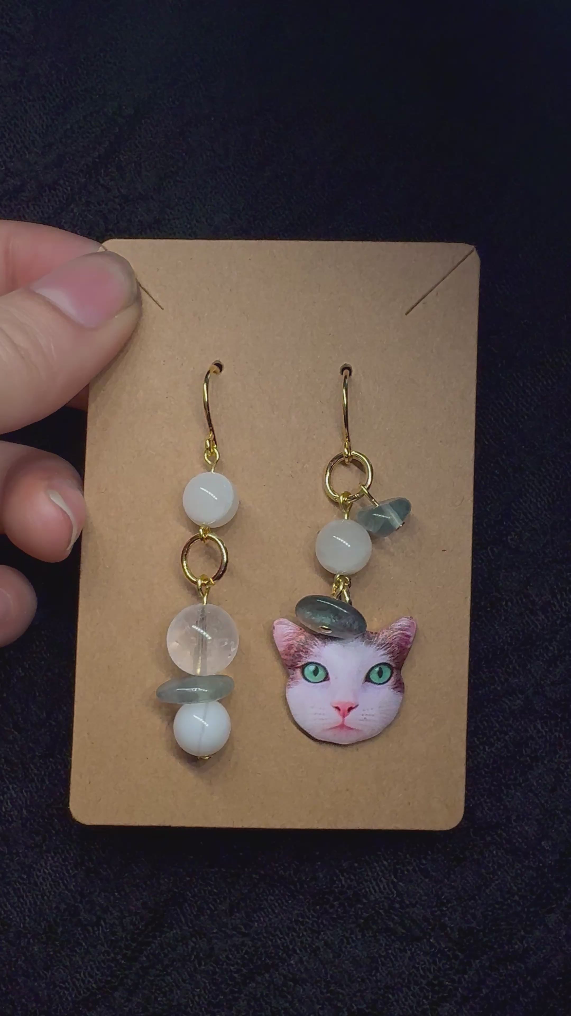Cat earrings green eyes - with moonstone, fluorite and clear quartz