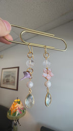 Aquamarine (syn.) teardrop earrings - with pink shell carved hibiscus, clear quartz, pearls and a handmade polymer clay piece