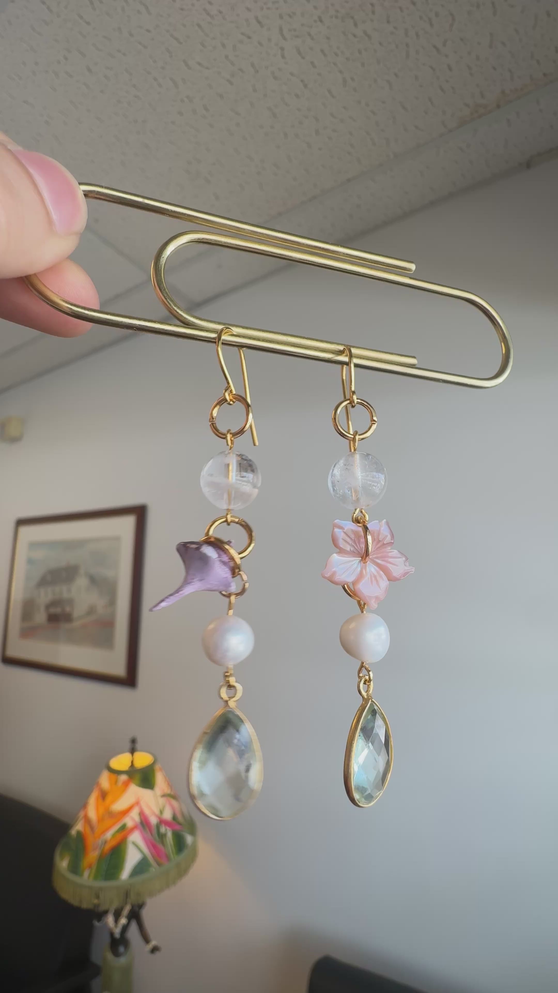 Aquamarine (syn.) teardrop earrings - with pink shell carved hibiscus, clear quartz, pearls and a handmade polymer clay piece