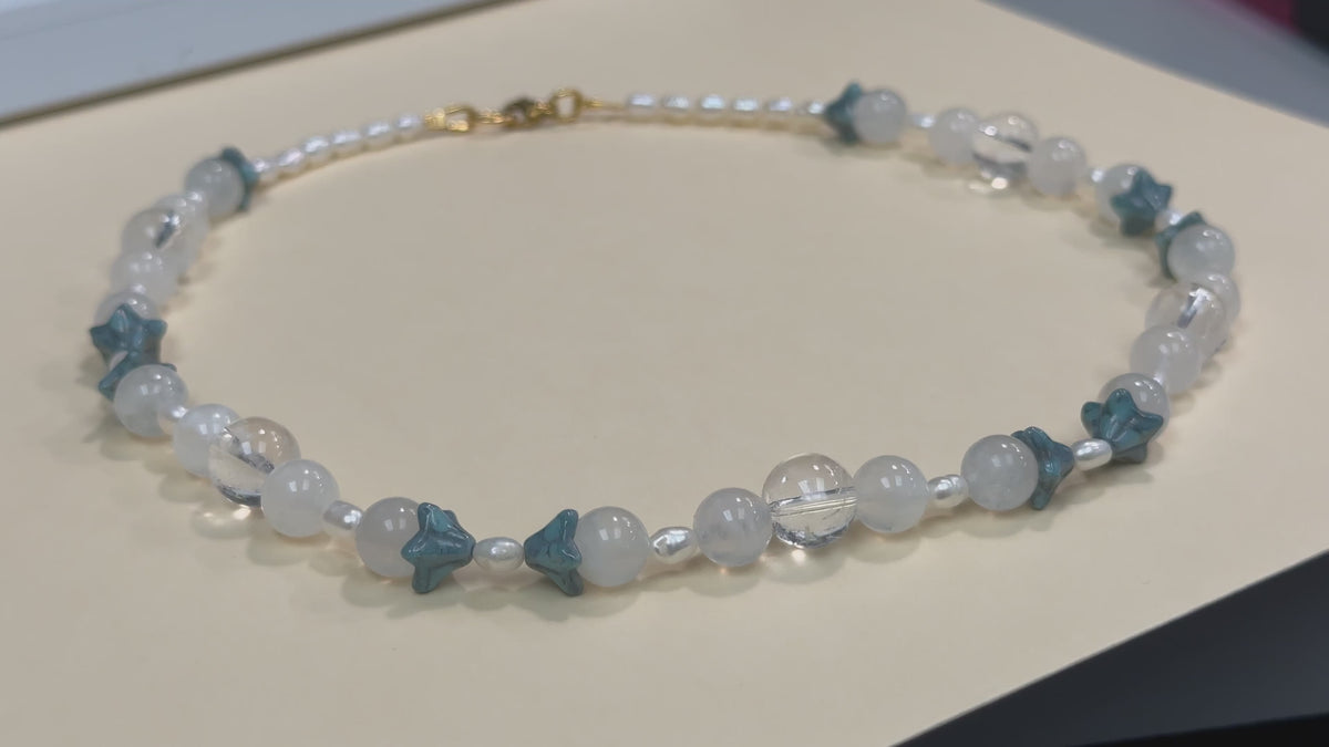 Fairy Moon Necklace - with moonstone, clear quartz and pearls