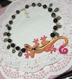 gecko necklace - with silver obsidian, labradorite and pearls