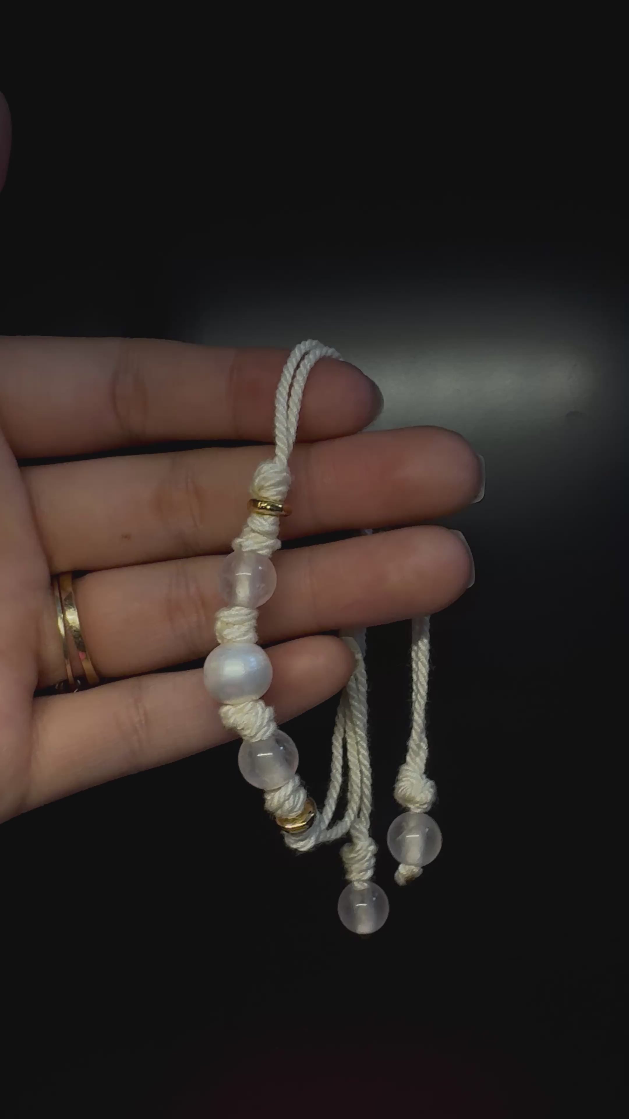 Pearl bracelet with rose quartz - on cotton cord