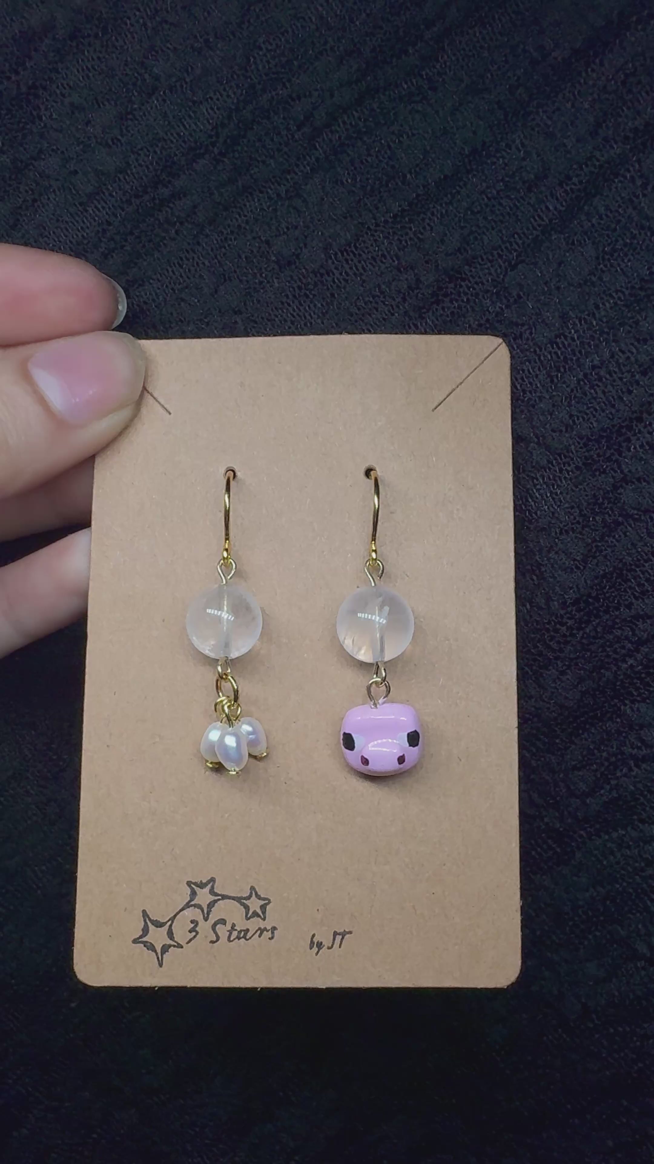 Minecraft pig earrings - with clear quartz and pearls
